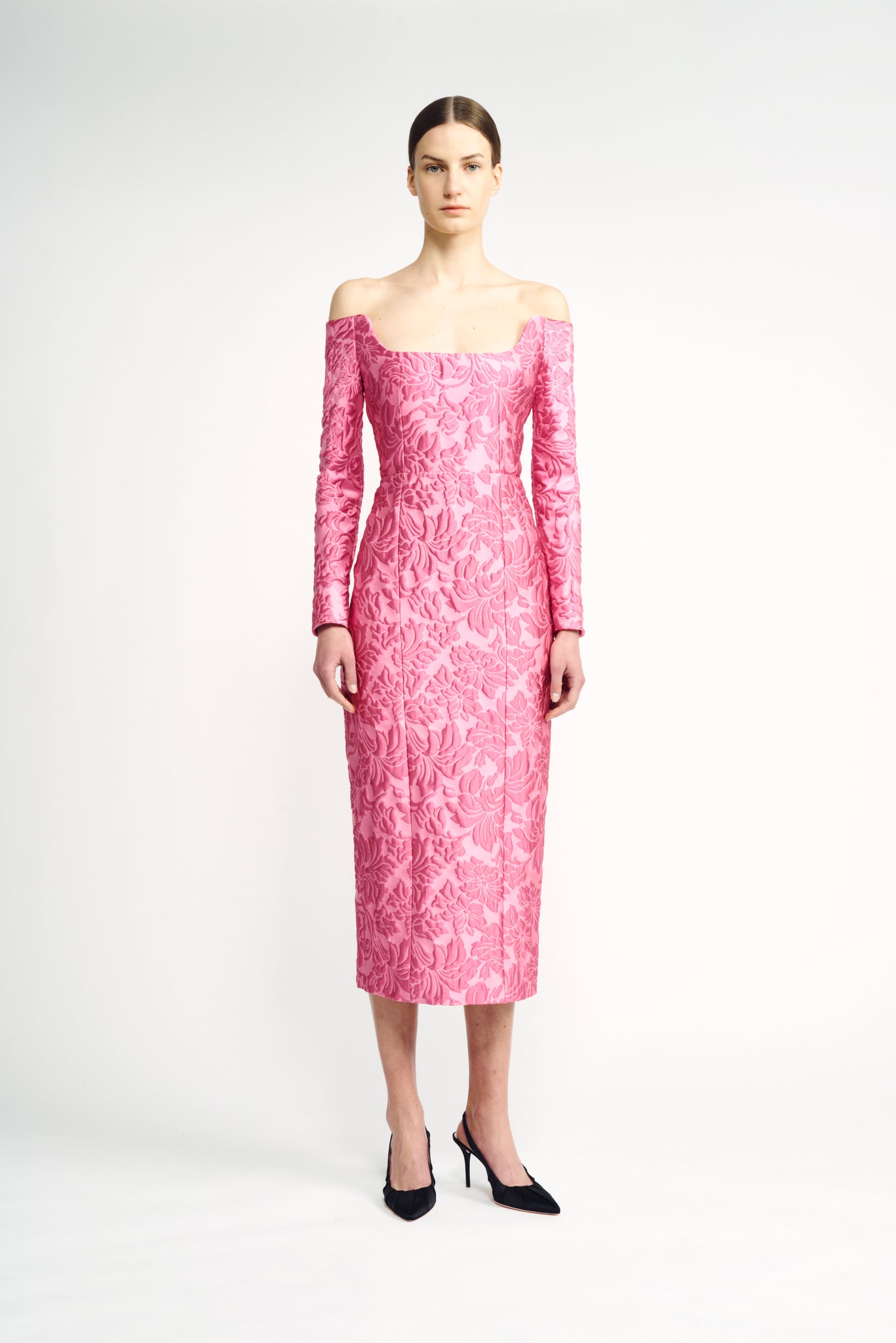 Birch Dress | Pink Floral Brocade Off-the Shoulder Pencil Dress