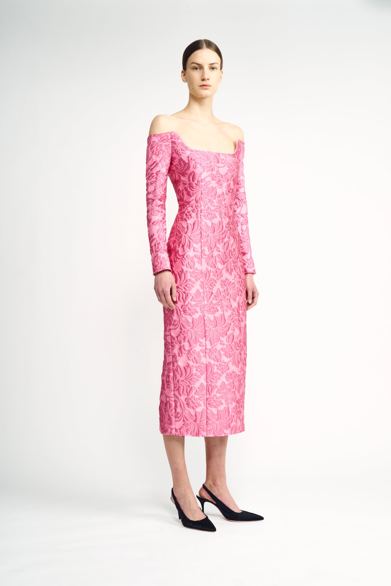 Birch Dress | Pink Floral Brocade Off-the Shoulder Pencil Dress | Emilia Wickstead