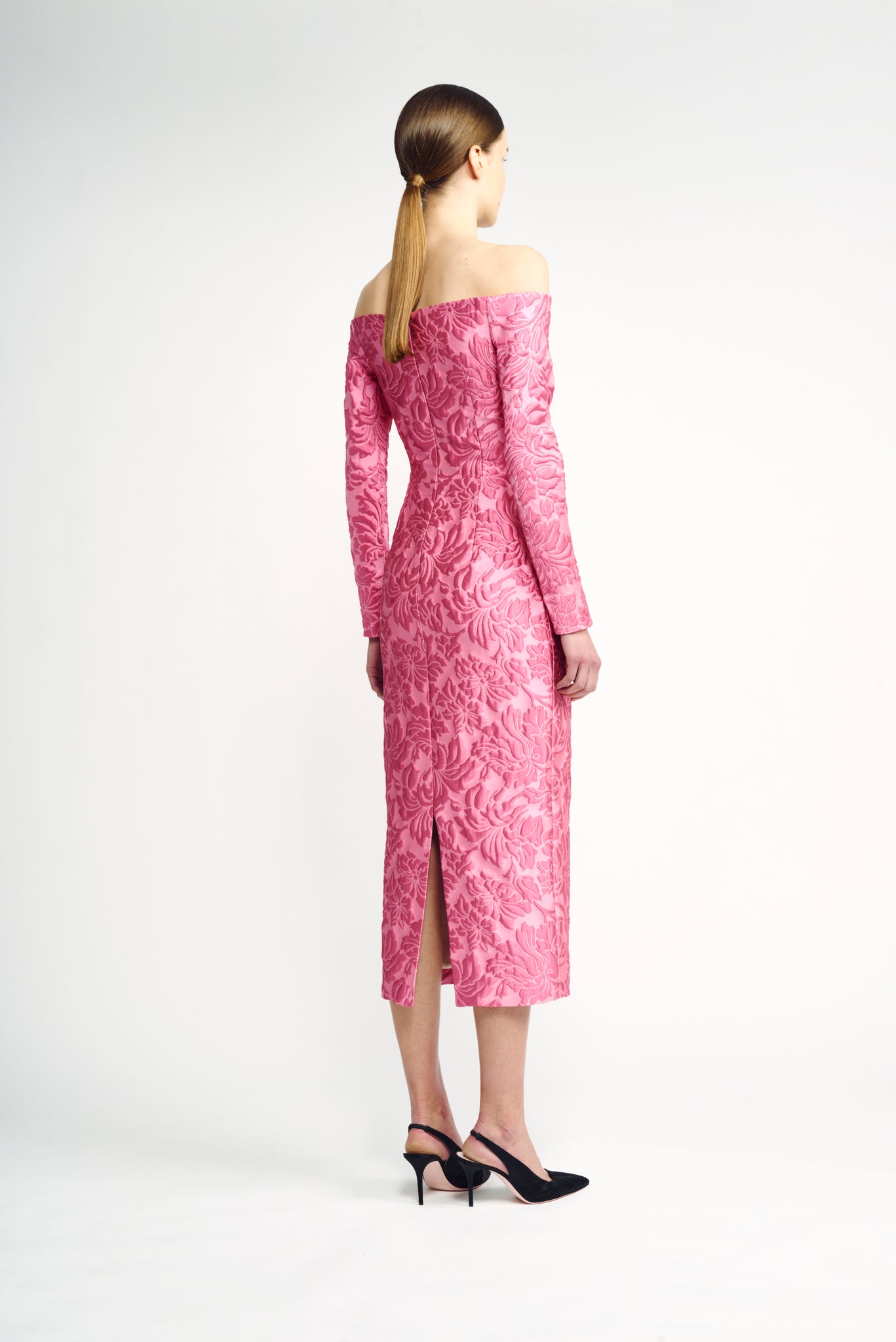Birch Dress | Pink Floral Brocade Off-the Shoulder Pencil Dress | Emilia Wickstead