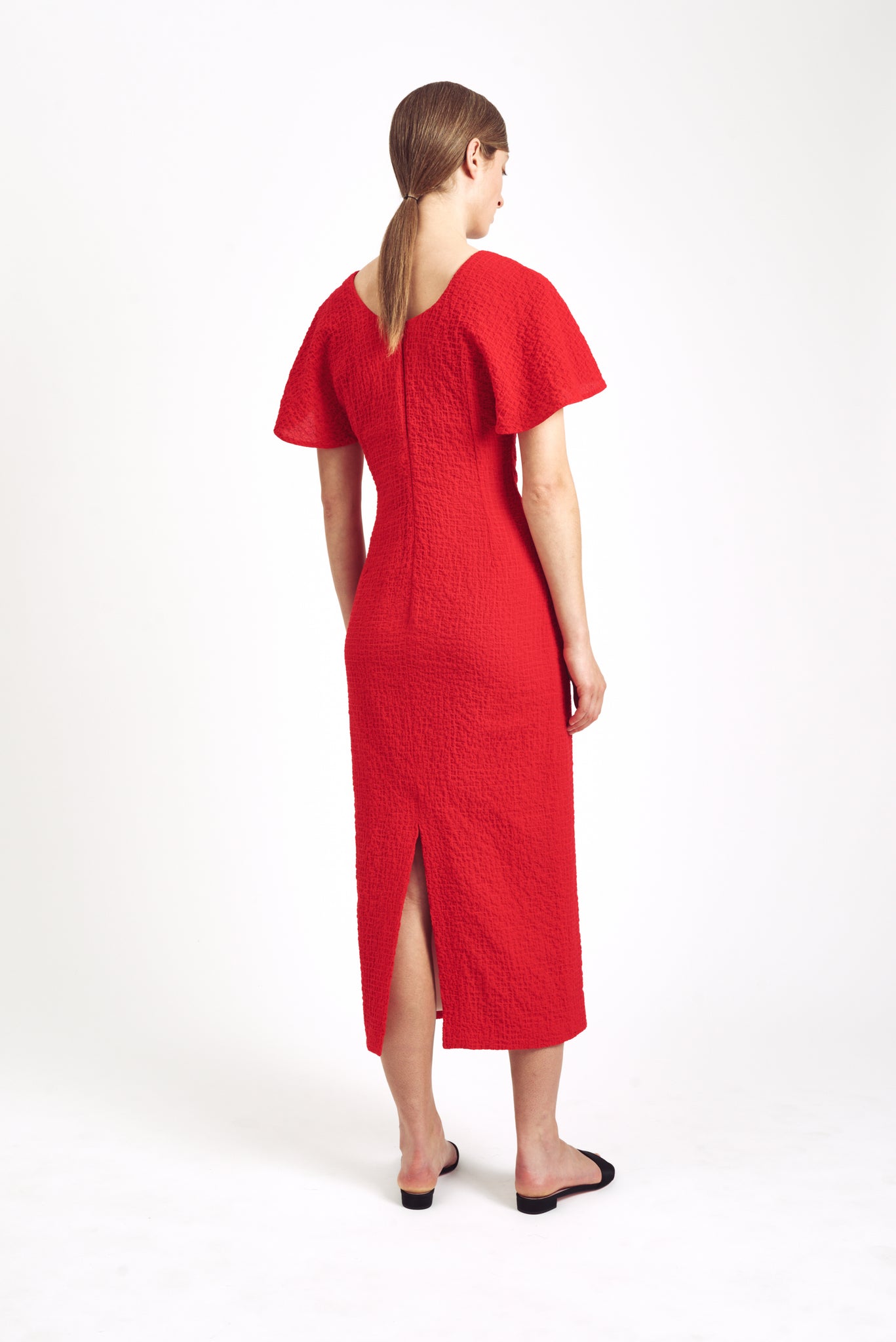 Blaine Dress| Red Cotton Cloque Cape Front Dress | Emilia Wickstead