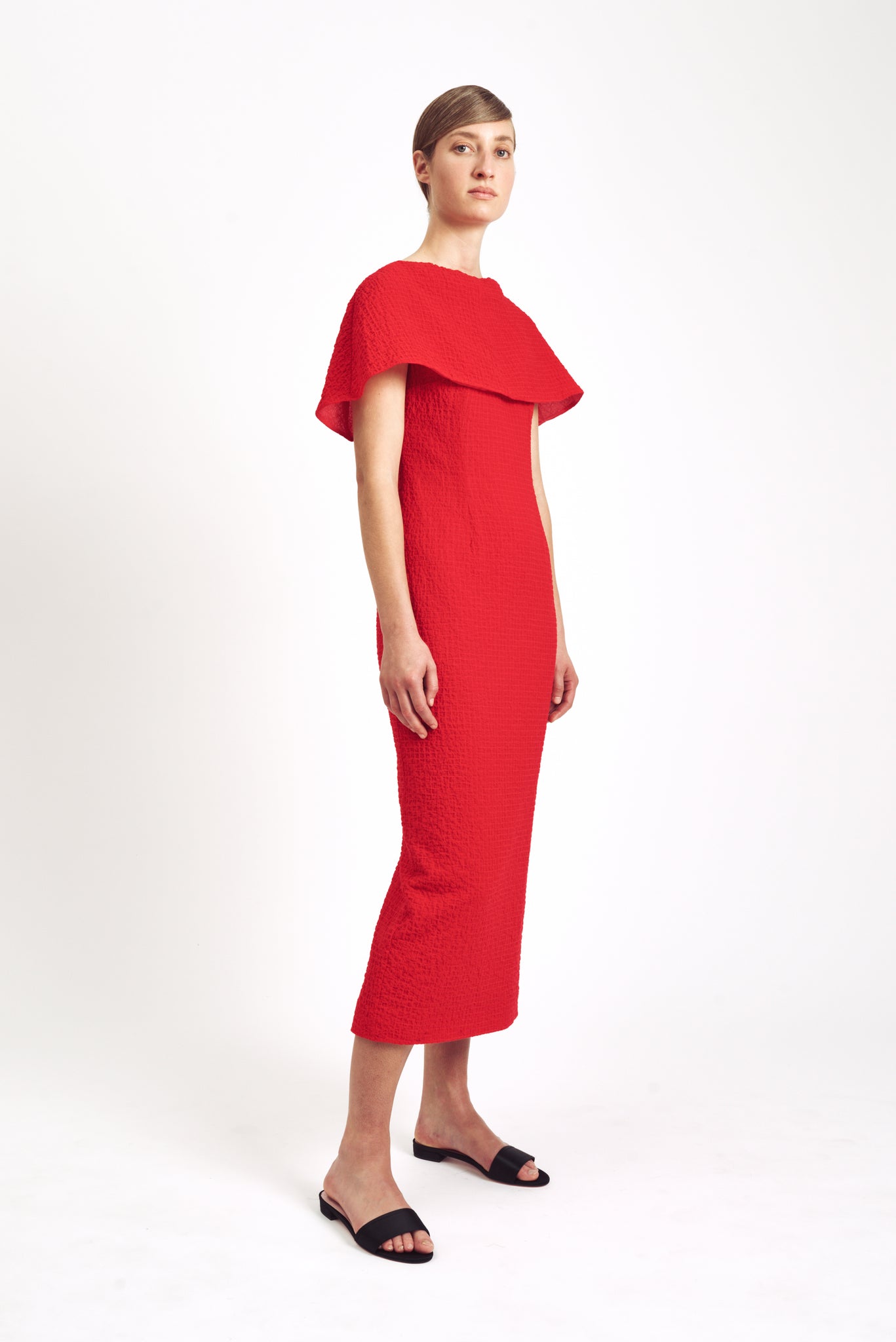 Blaine Dress| Red Cotton Cloque Cape Front Dress | Emilia Wickstead