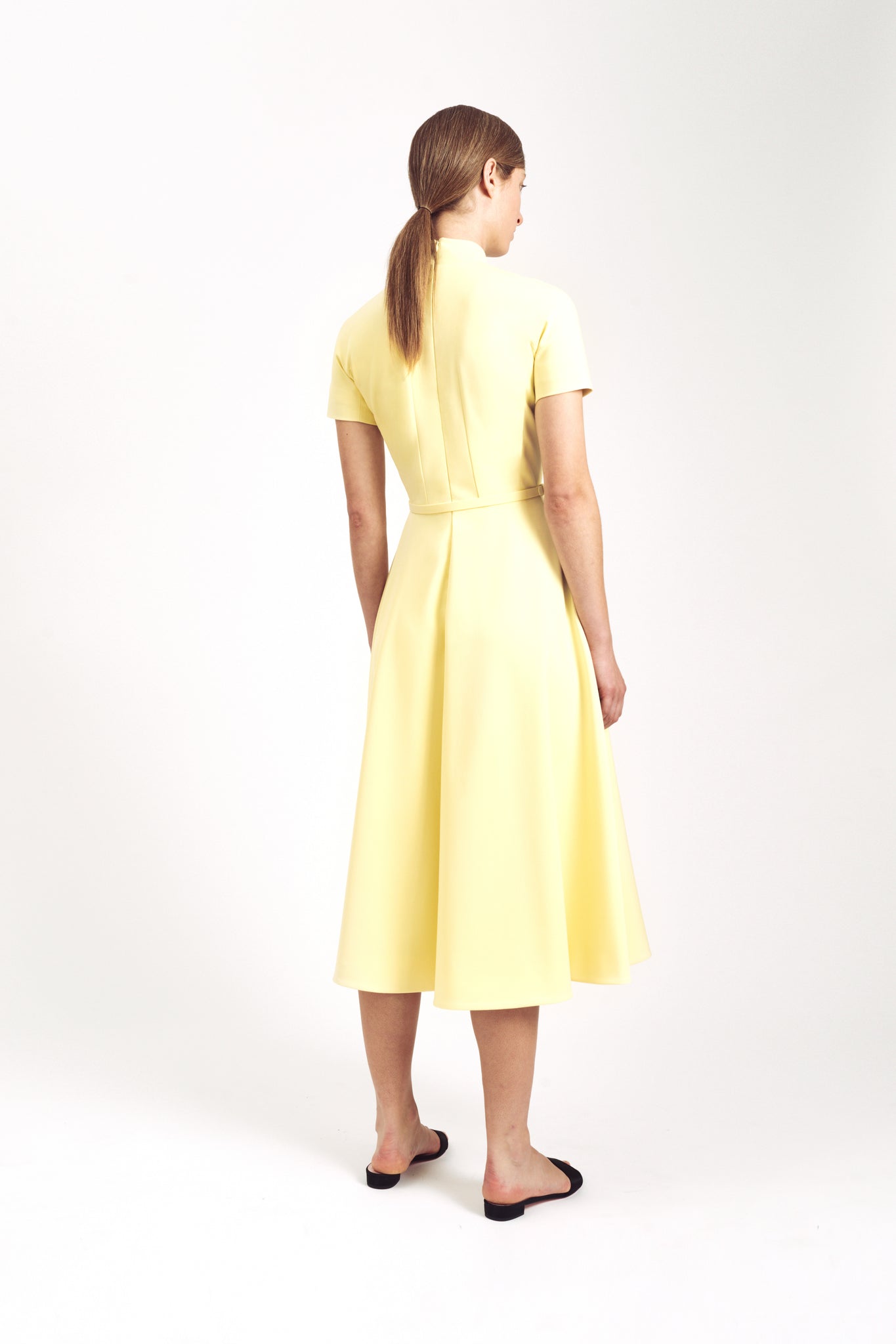 Camilla Dress | Lemon Yellow Cady High Neck Short Sleeve Dress | Emilia Wickstead