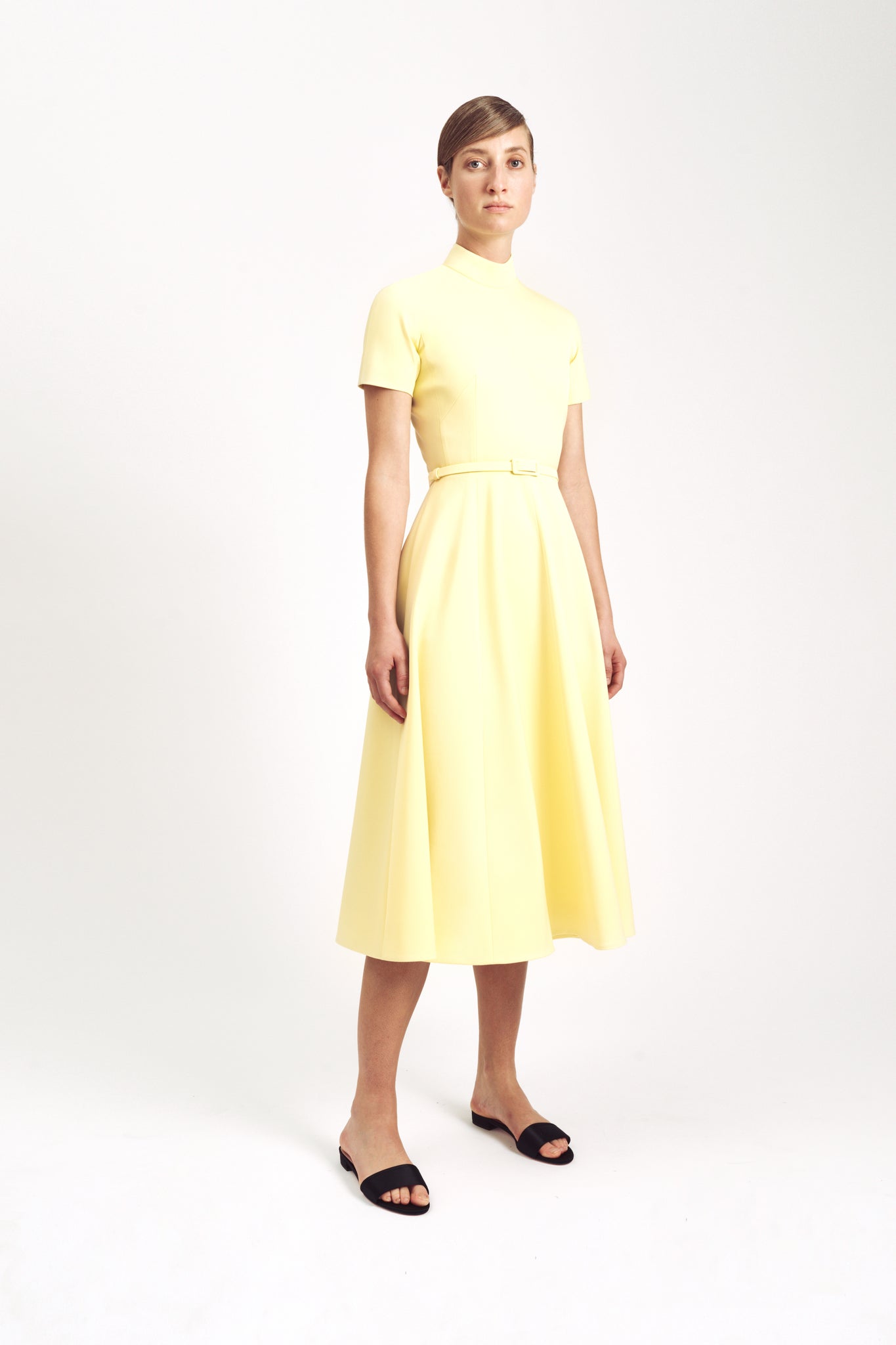 Camilla Dress | Lemon Yellow Cady High Neck Short Sleeve Dress | Emilia Wickstead