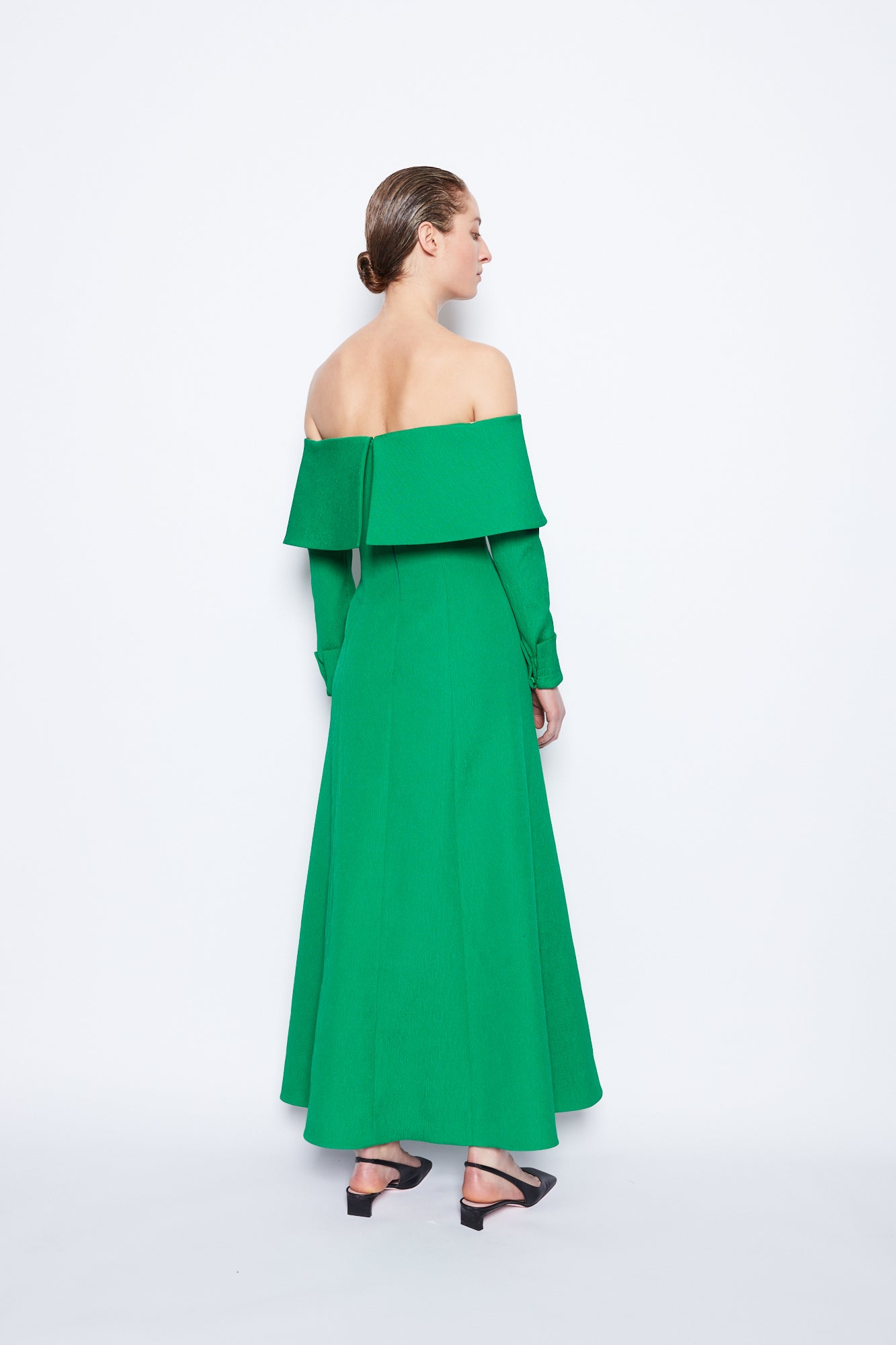 Carole Dress | Green off-the-shoulder Long Sleeve Textured Cloque Gown | Emilia Wickstead