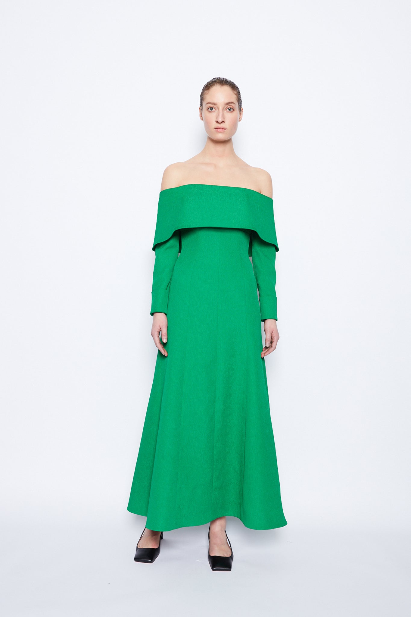 Carole Dress | Green off-the-shoulder Long Sleeve Textured Cloque Gown | Emilia Wickstead