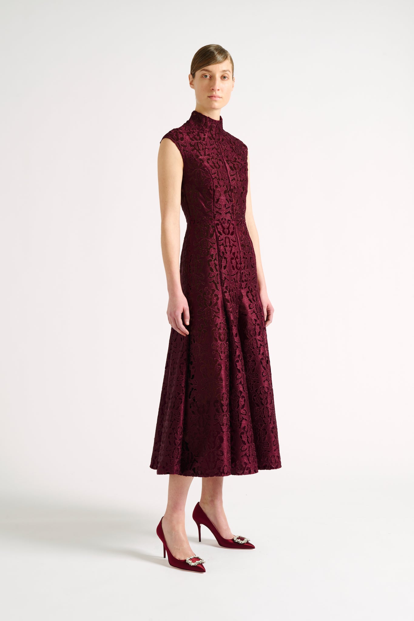 Charly Dress | Burgundy Lace High Neck Fit and Flare Dress | Emilia Wickstead