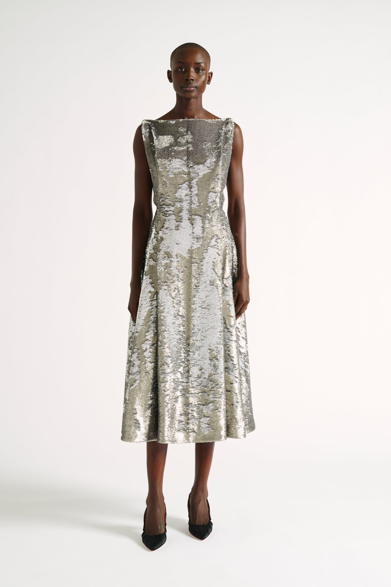 Chaya Dress | Silver Sequin Exposed Back Midi Dress | Emilia Wickstead
