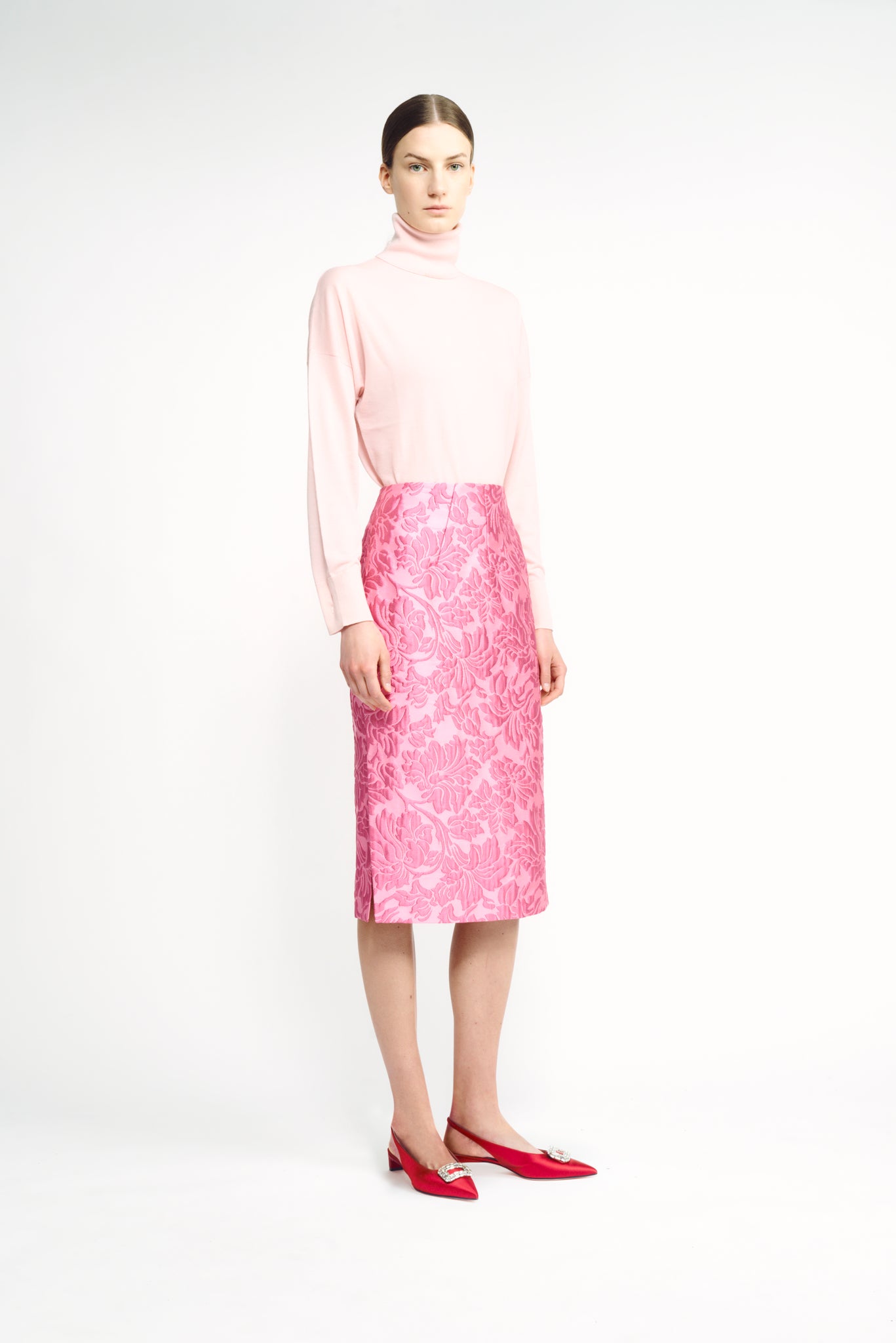 Noah Skirt | Pink Deep Floral Cloque Pencil Skirt | Emilia Wickstead