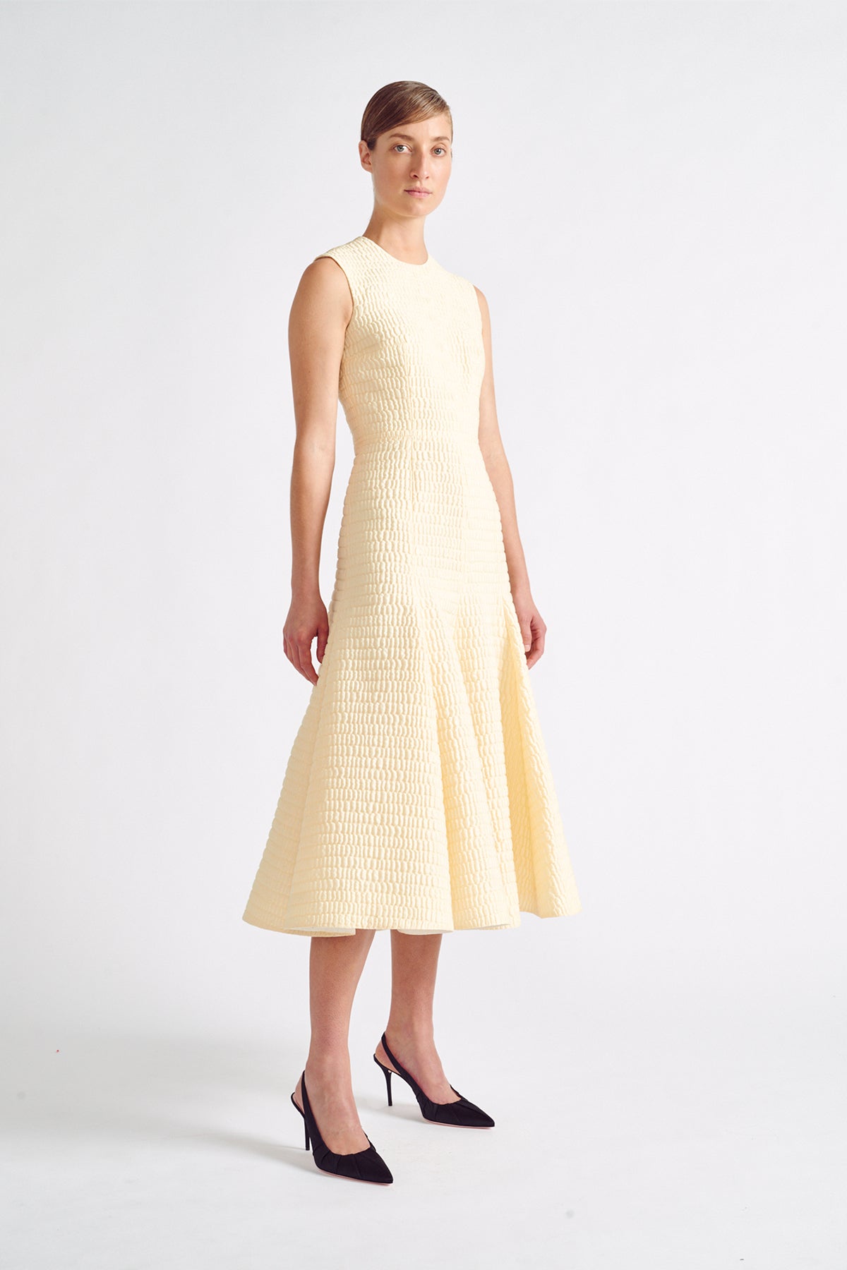 Dellah Dress | Cream Croc Effect Jacquard Flared Dress | Emilia Wickstead