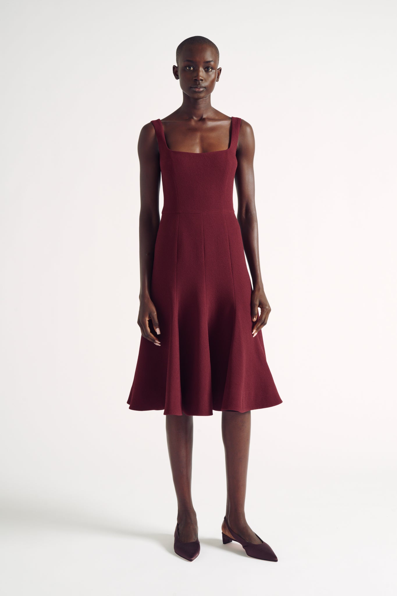 Dena Dress | Burgundy Fit-and-Flare Sleevless Cocktail Dress | Emilia Wickstead