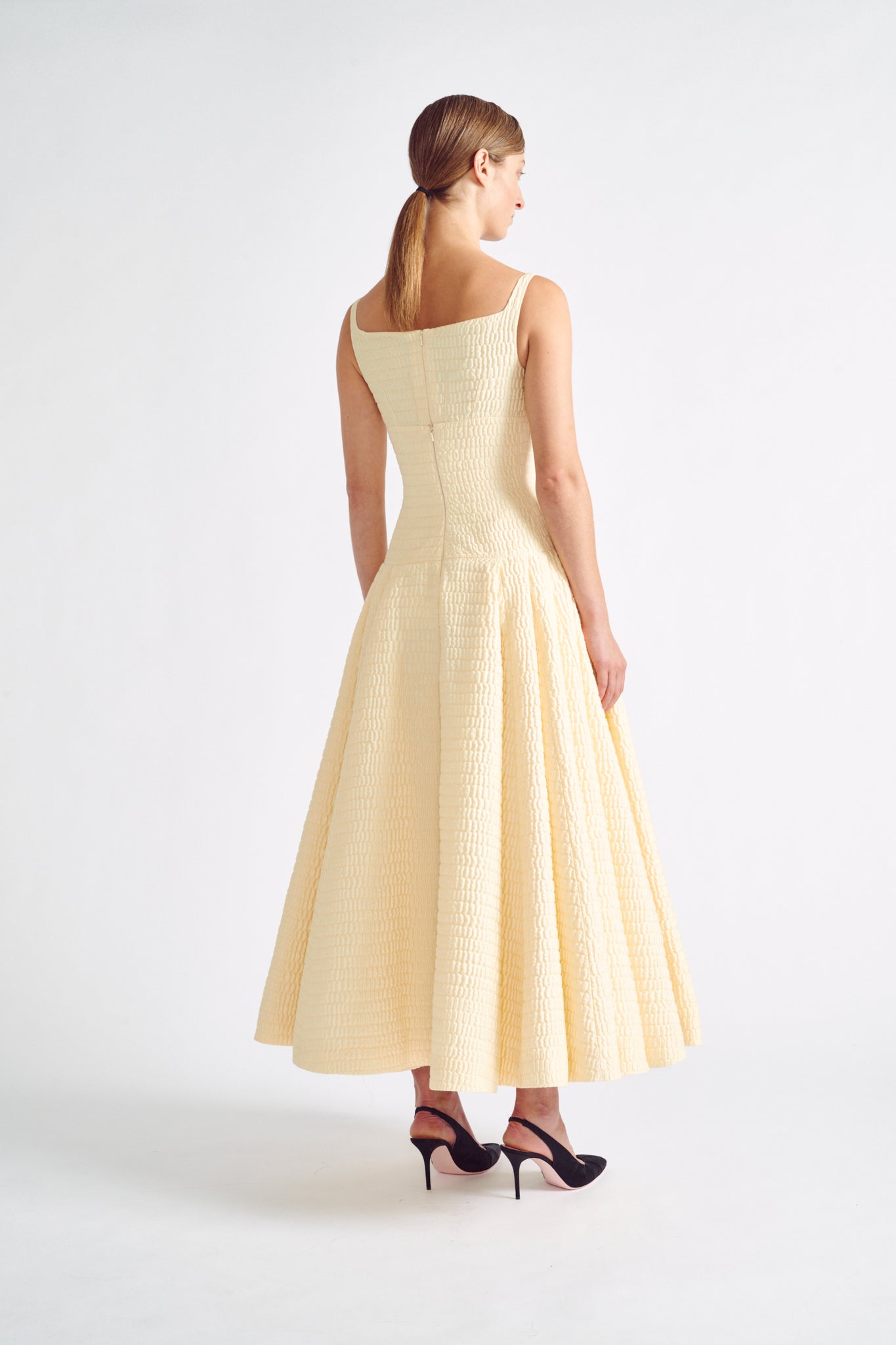 Sunne Dress | Cream Fit and Flare Midi Dress in Croc Jacquard | Emilia Wickstead