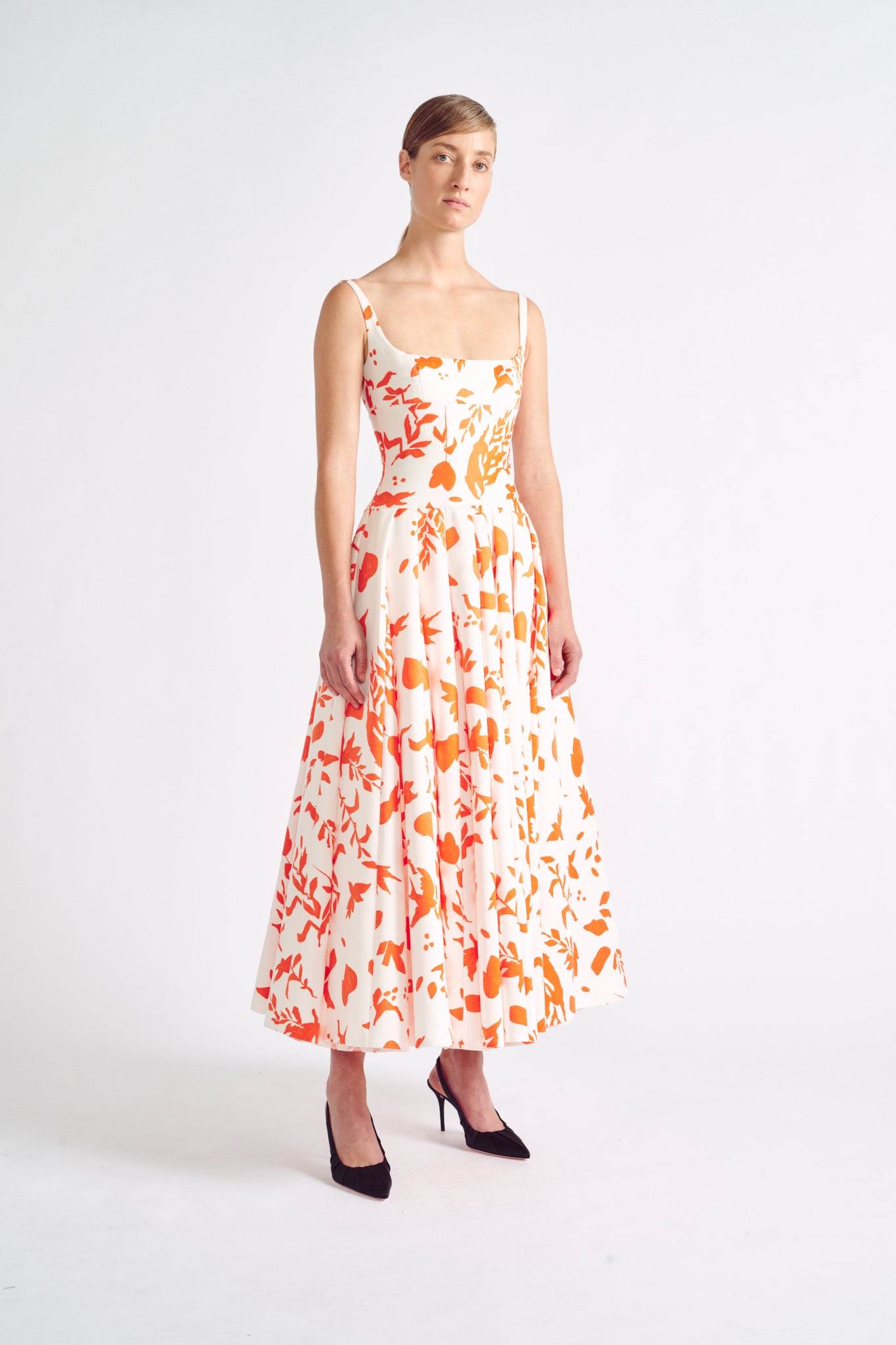 Mindy Dress | Orange Print Fit-and-Flare Midi Dress | Emilia Wickstead