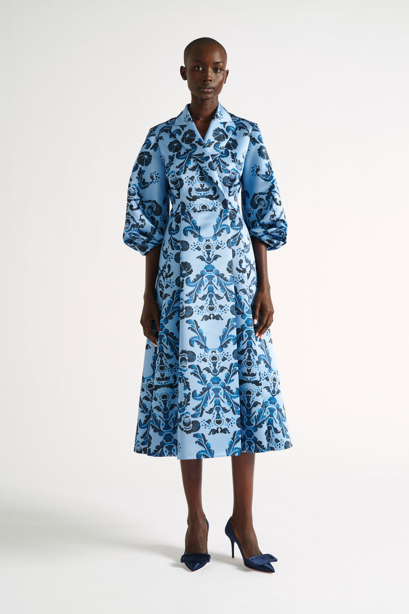 Goldie Dress | Blue Decorative Milanese Wallpaper Print Long Sleeve Coat Dress | Emilia Wickstead