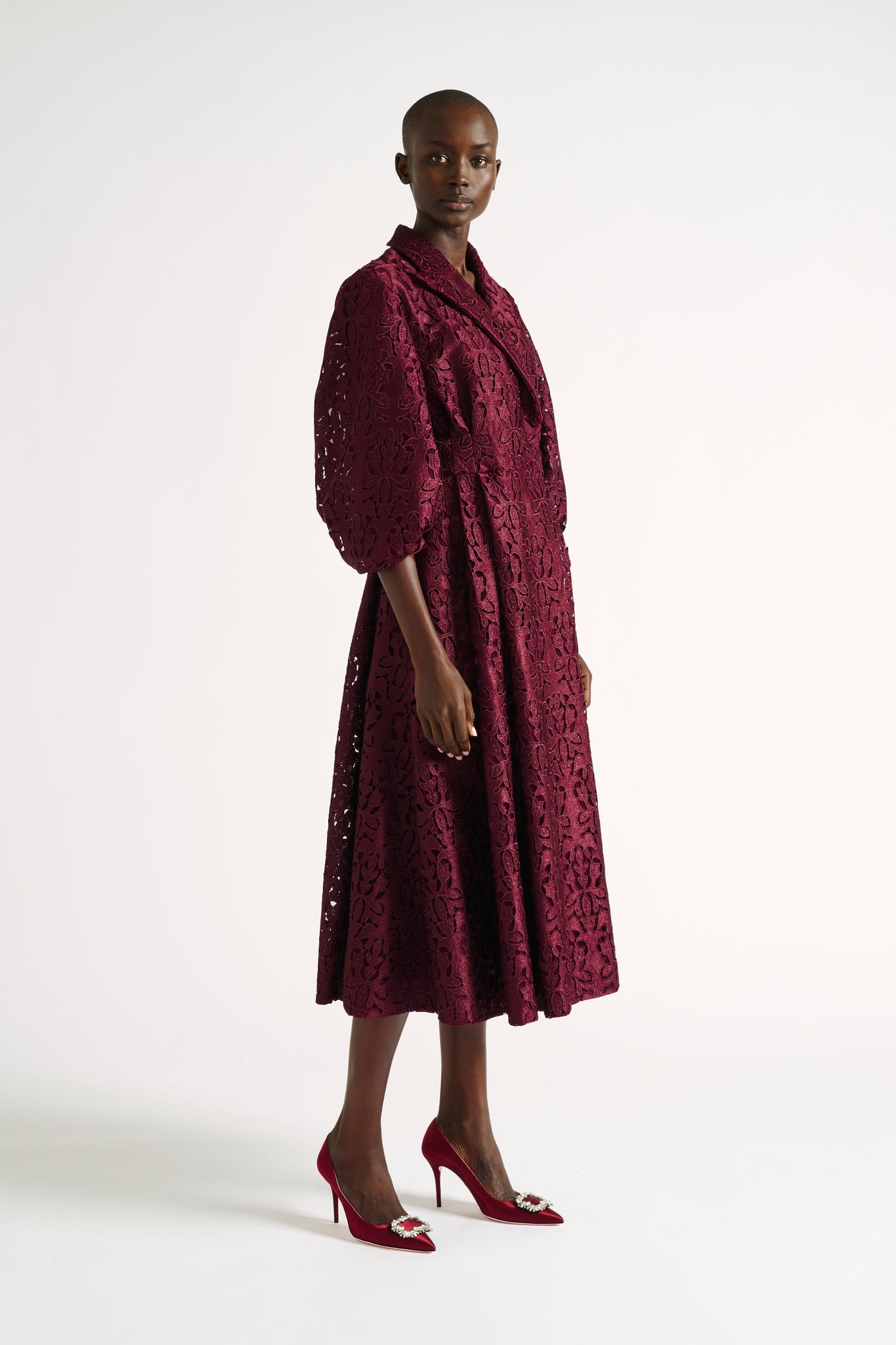 Goldie Dress | Burgundy Guipure Lace Long Sleeve Coat Dress | Emilia Wickstead