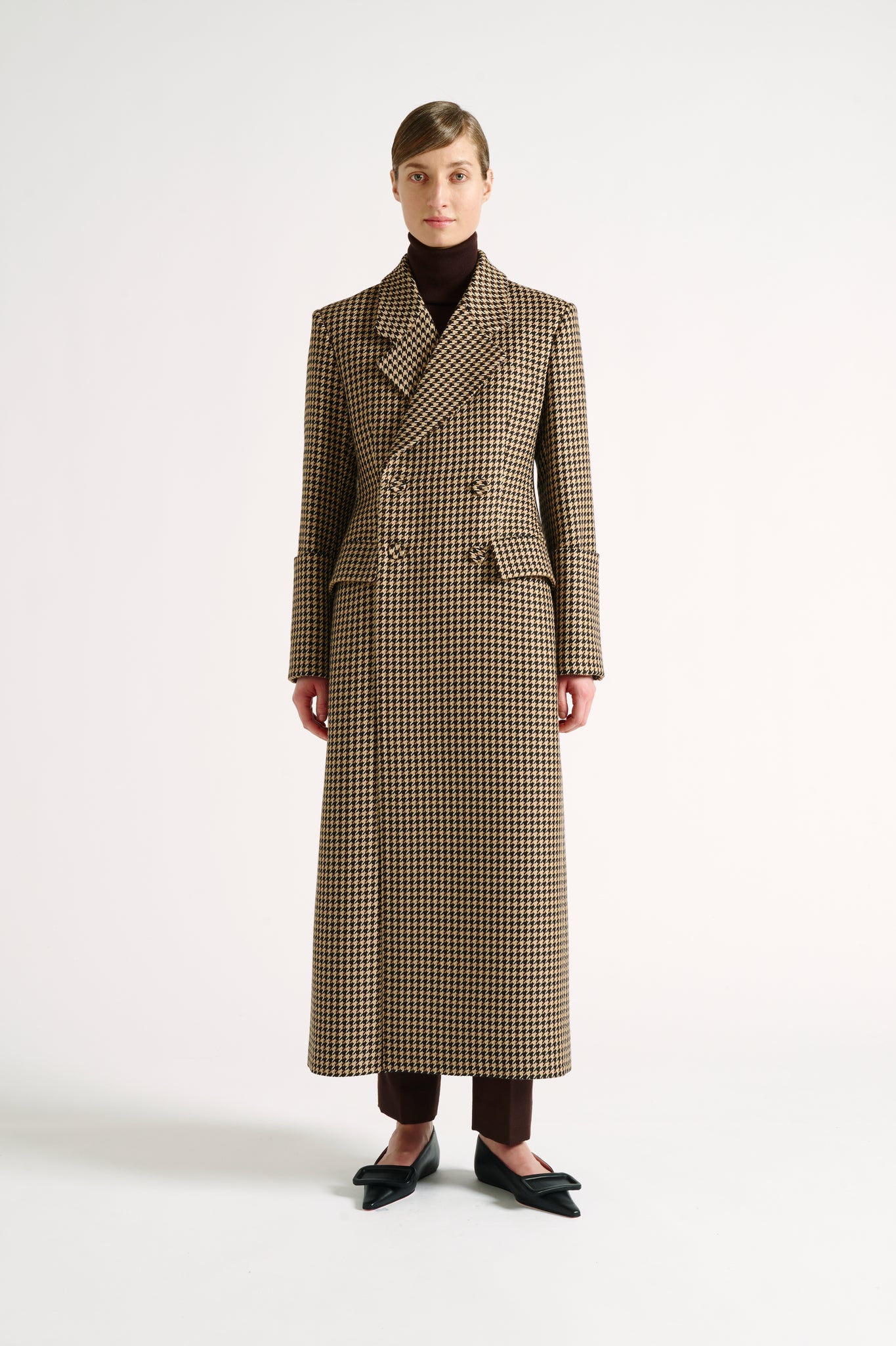 Maddy Coat | Camel Houndstooth Double Breasted Merino Wool Coat | Emilia Wickstead