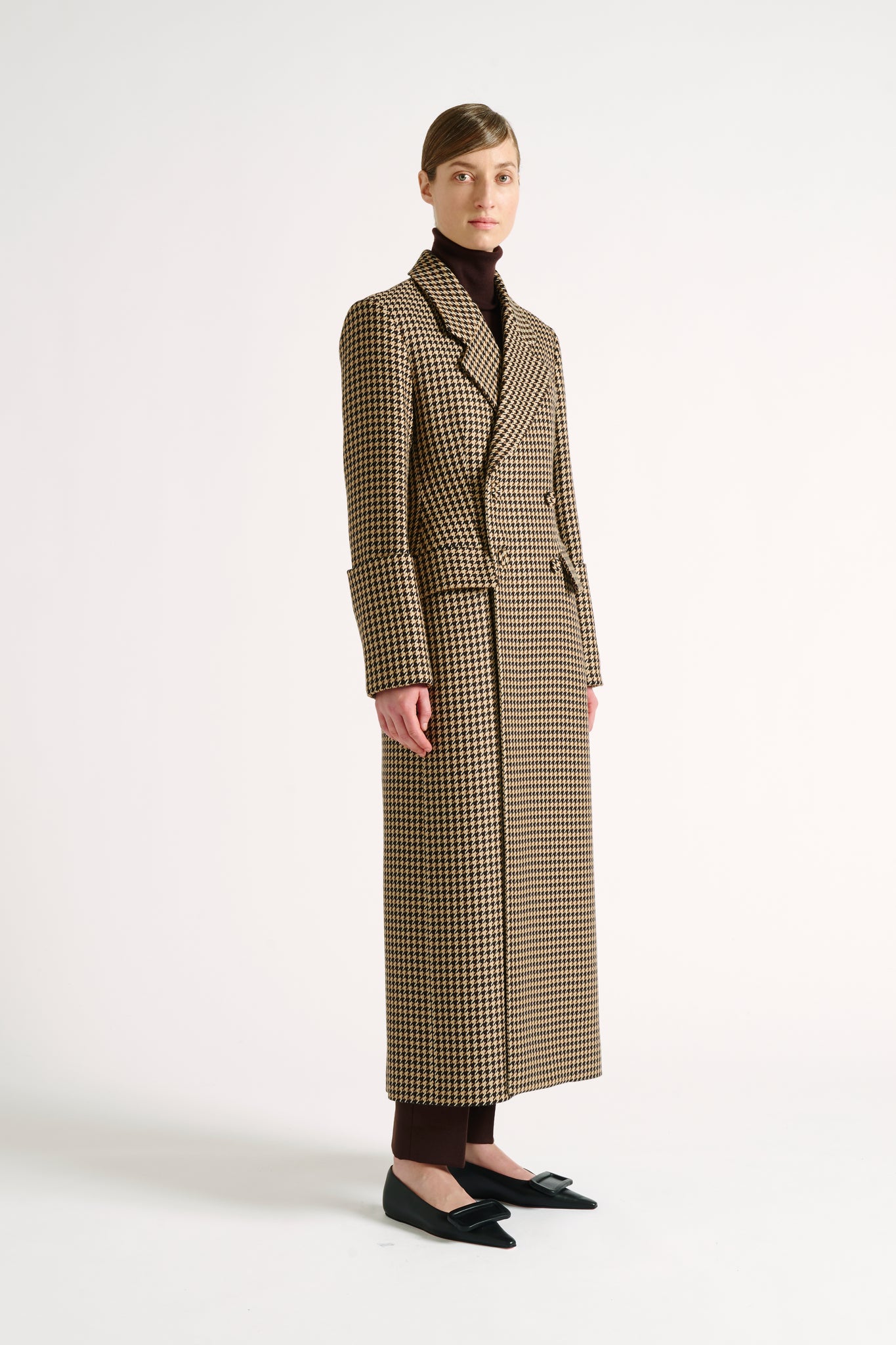 Maddy Coat | Camel Houndstooth Double Breasted Merino Wool Coat ...
