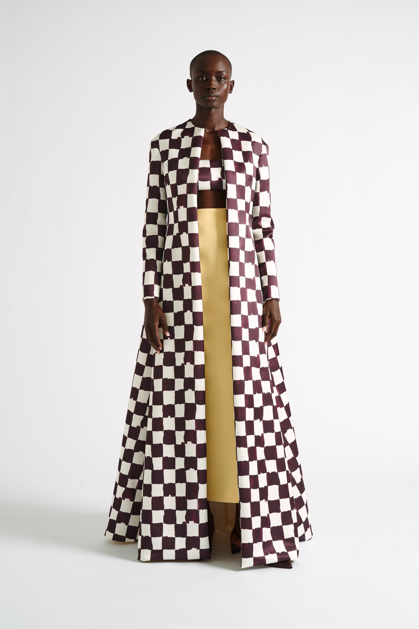 Cheryl Coat| Floor Length Chocolate & Ivory Checkerboard Print Coat | Emilia Wickstead
