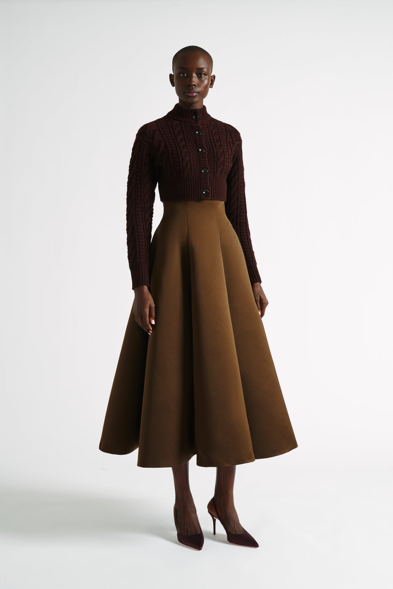 Zena Skirt | Chocolate Duchess Satin Fit and Flare Full Skirt | Emilia Wickstead