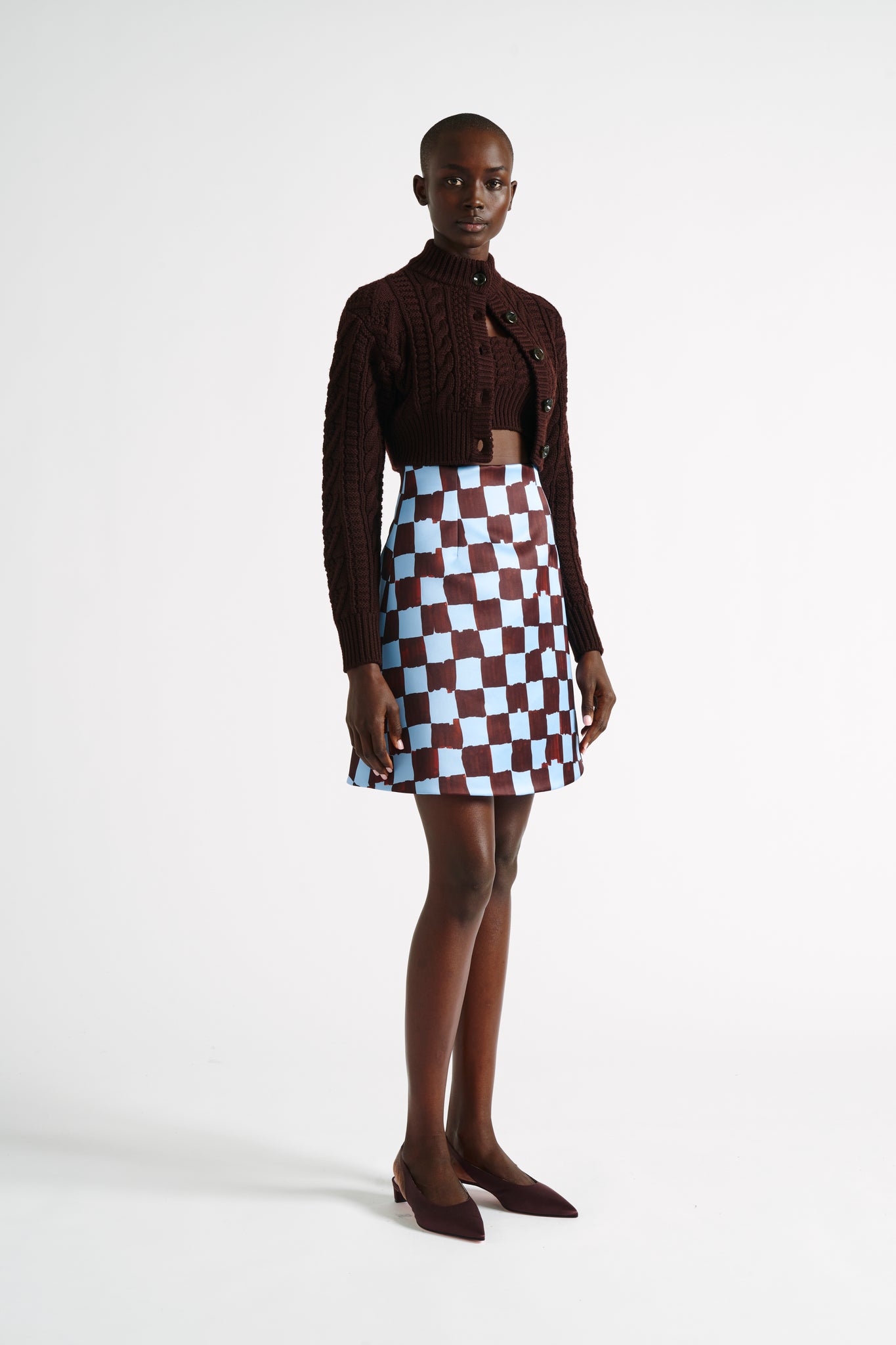 Ashling Skirt | Chocolate and Blue Painterly Checkboard Print Skirt | Emilia Wickstead