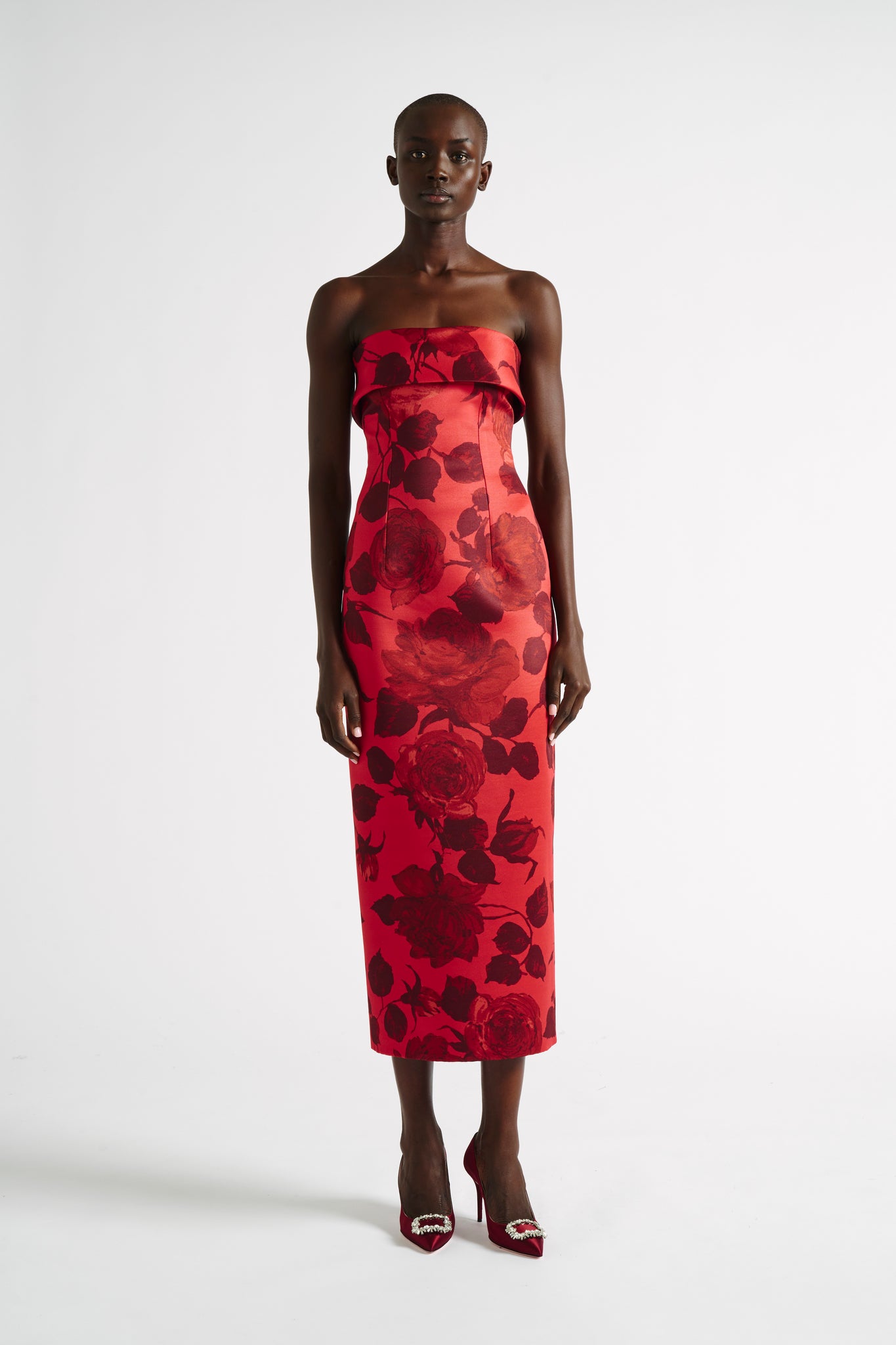 Keeley Dress |  Red Rose Print Strapless Sculpted Dress | Emilia Wickstead
