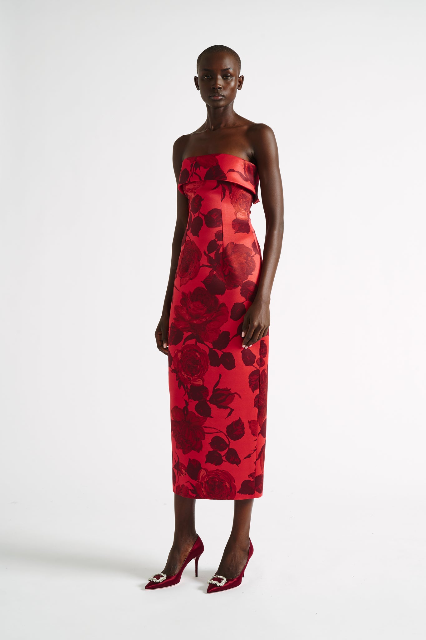 Keeley Dress | Red Rose Print Strapless Sculpted Dress | Emilia Wickstead