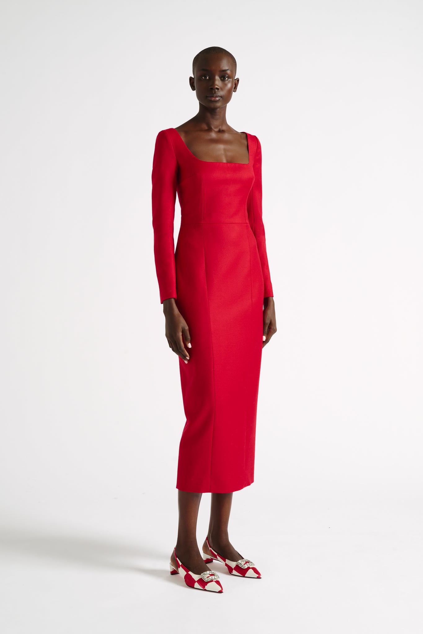 Jeana Dress | Red Long Sleeve Square Neckline Tailored Dress | Emilia Wickstead
