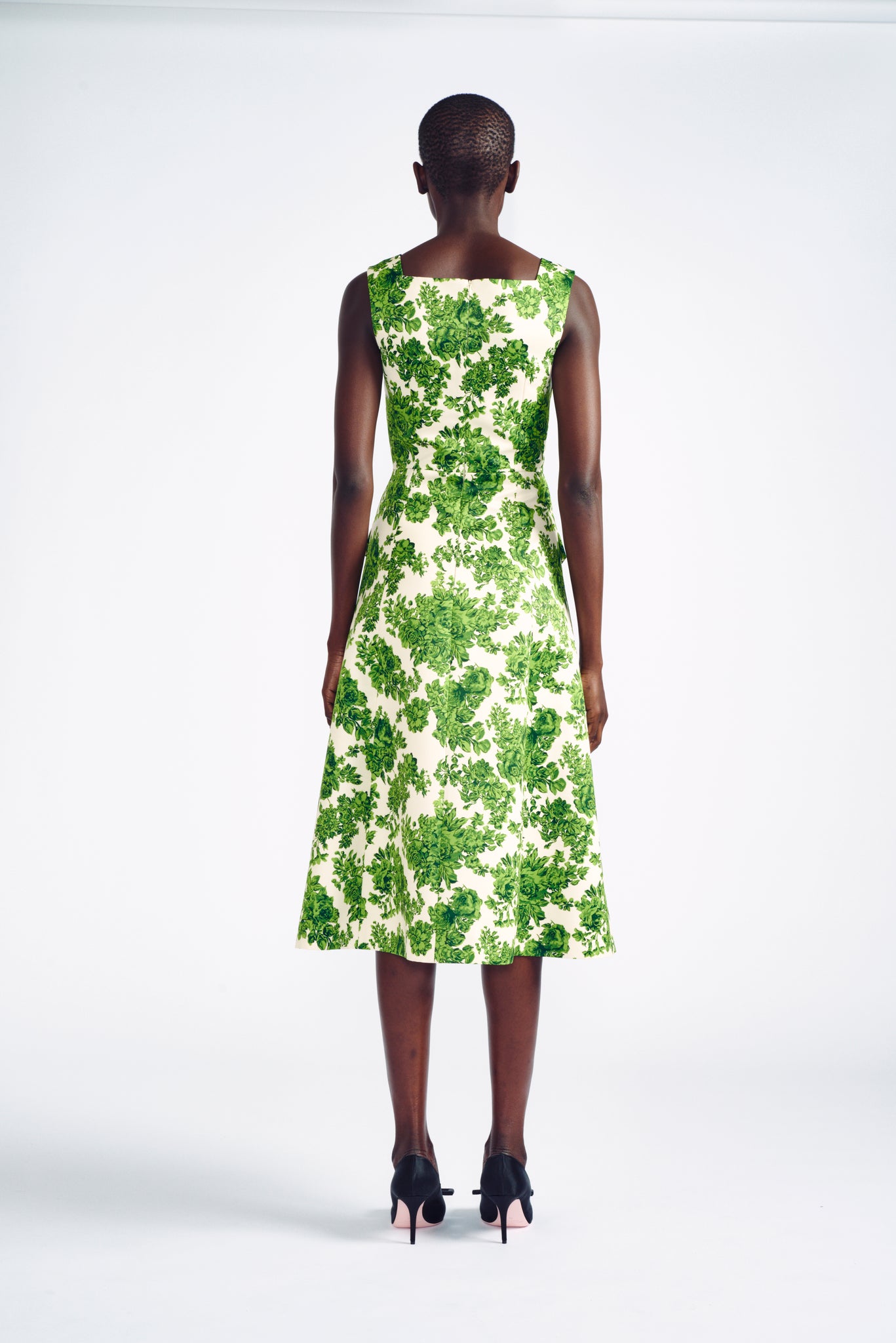 Petra Dress | Green and White Rose Printed Dress in Tafetta Faille  | Emilia Wickstead