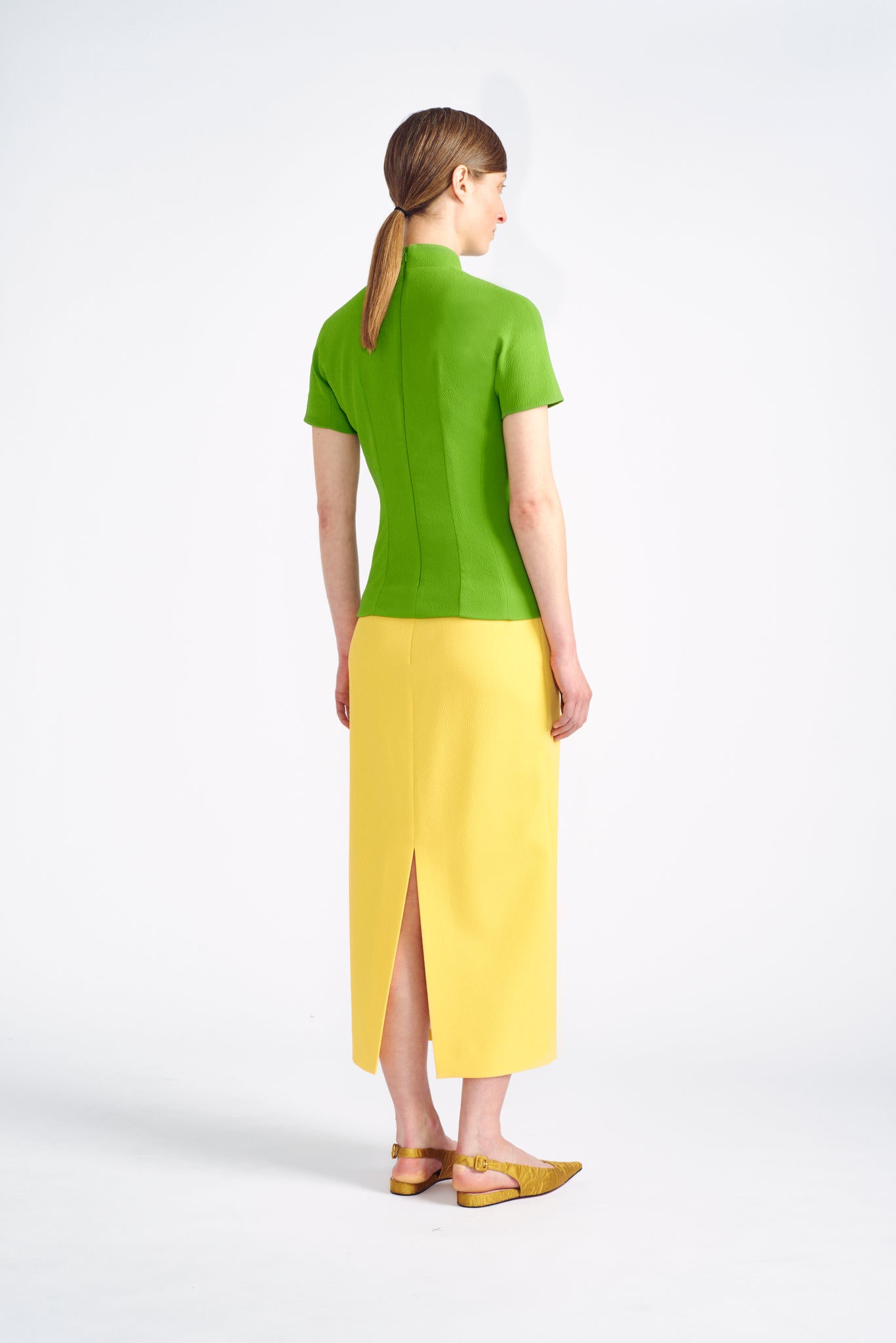 Camille Top | Green Double Crepe Short Sleeve High Neck Top | Emilia Wickstead