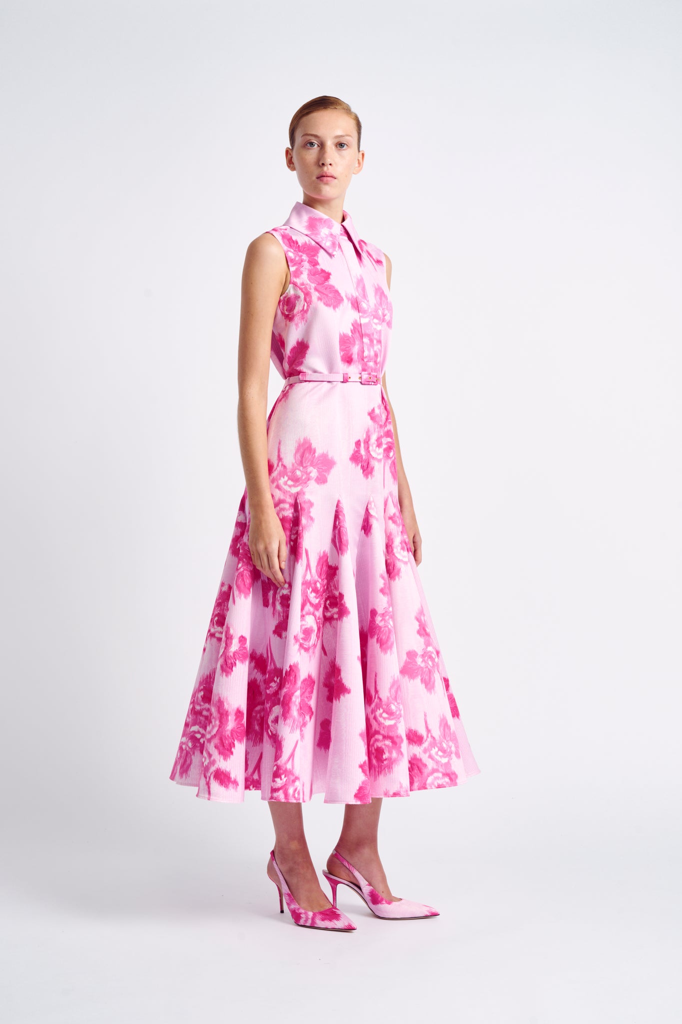 Monique Pink Moire Rose Print Sleeveless Shirt Dress | Emilia Wickstead