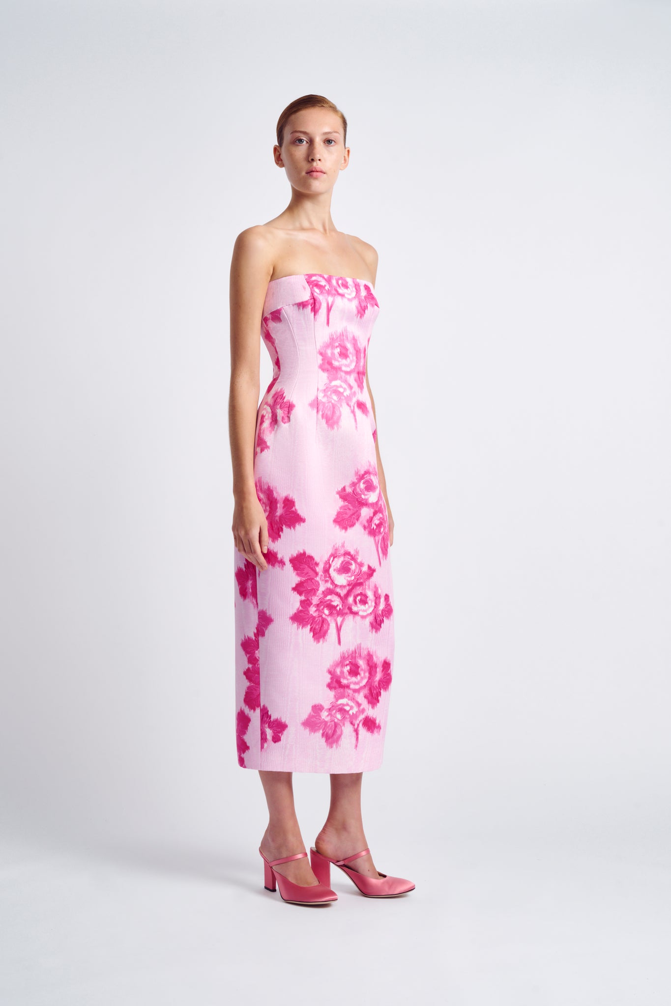 Romina Dress | Pink Floral Print Strapless Dress | Emilia Wickstead