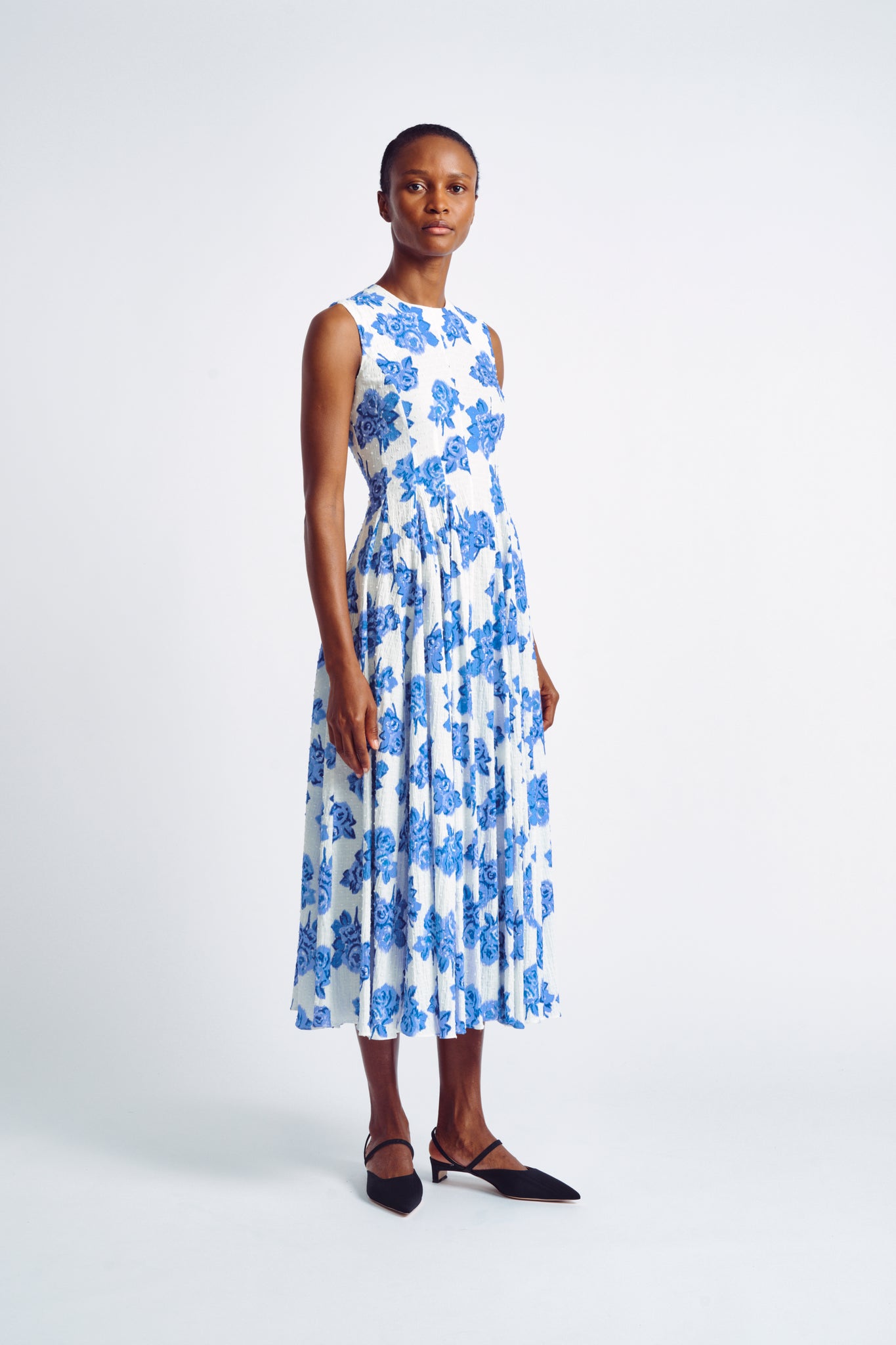 Chelsea Dress | Blue Floral Print Sleeveless Bibione Cotton Sun Dress | Emilia Wickstead