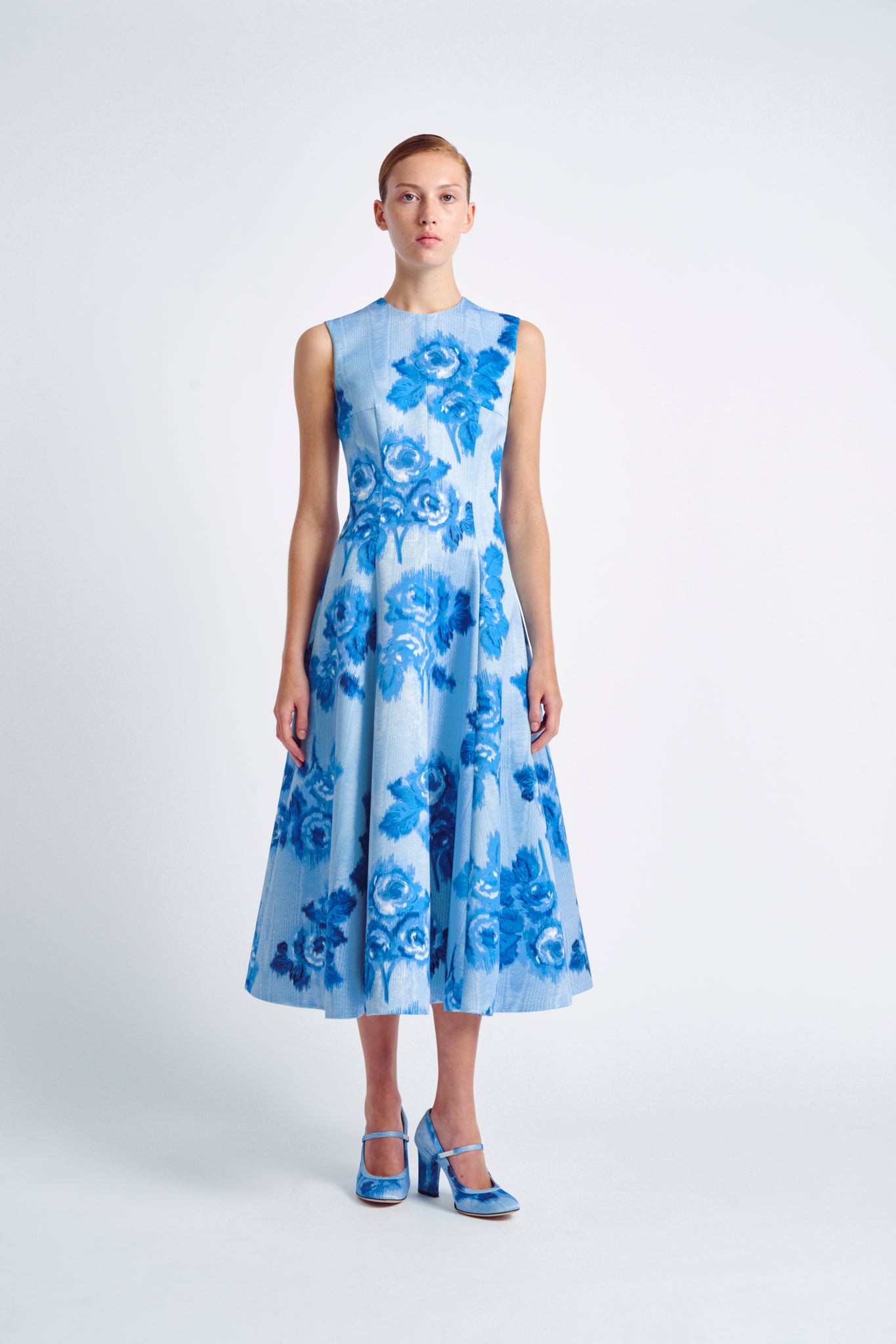 Mara Dress | Blue Floral Print Fit-and-Flare Sleeveless Dress | Emilia Wickstead