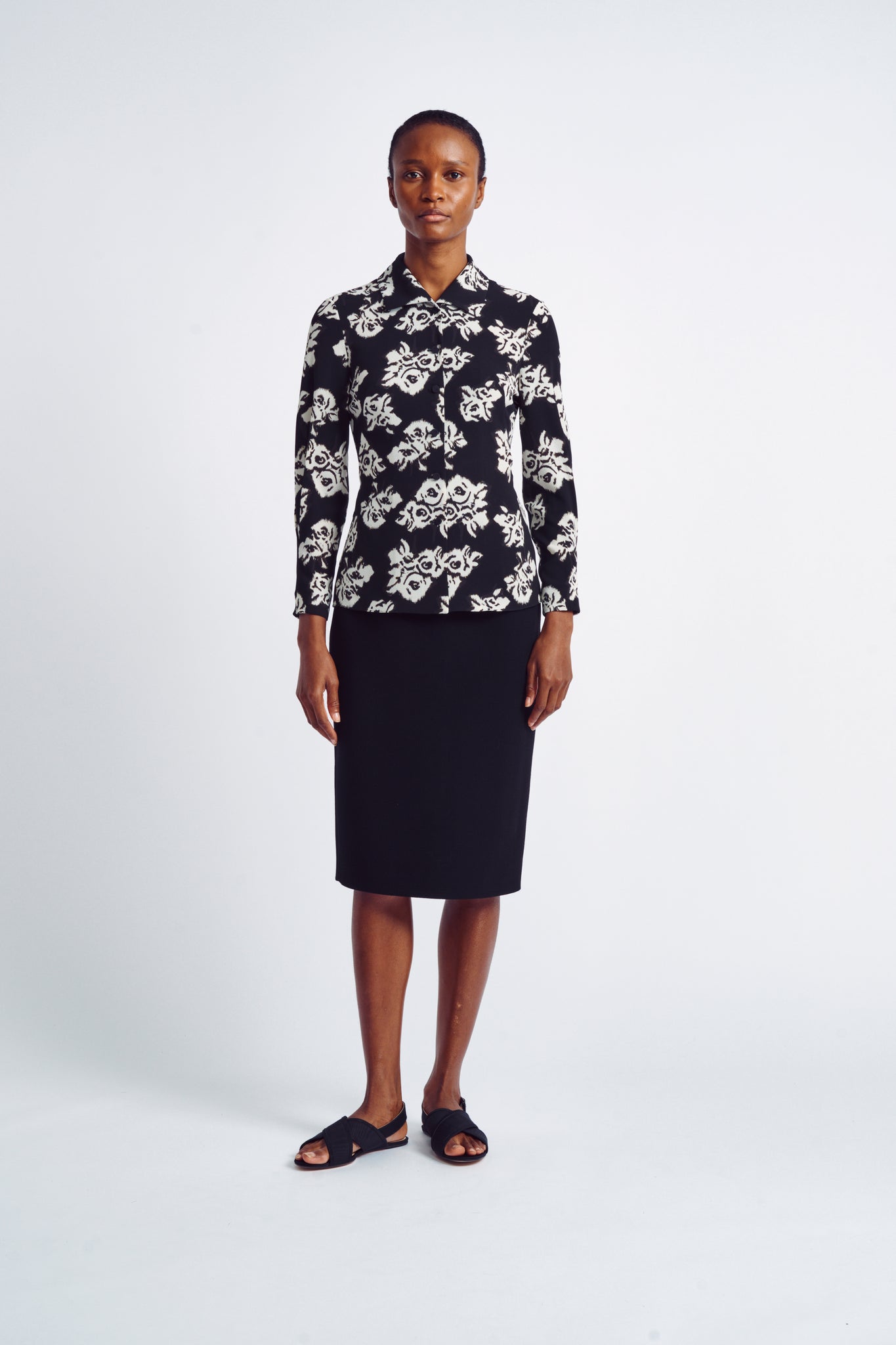 Paulie Top | Black and White Floral Printed Crepe Shirt | Emilia Wickstead