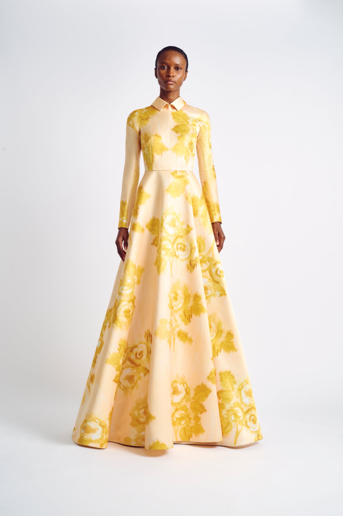 Rue Yellow Moire Rose Print Gown
