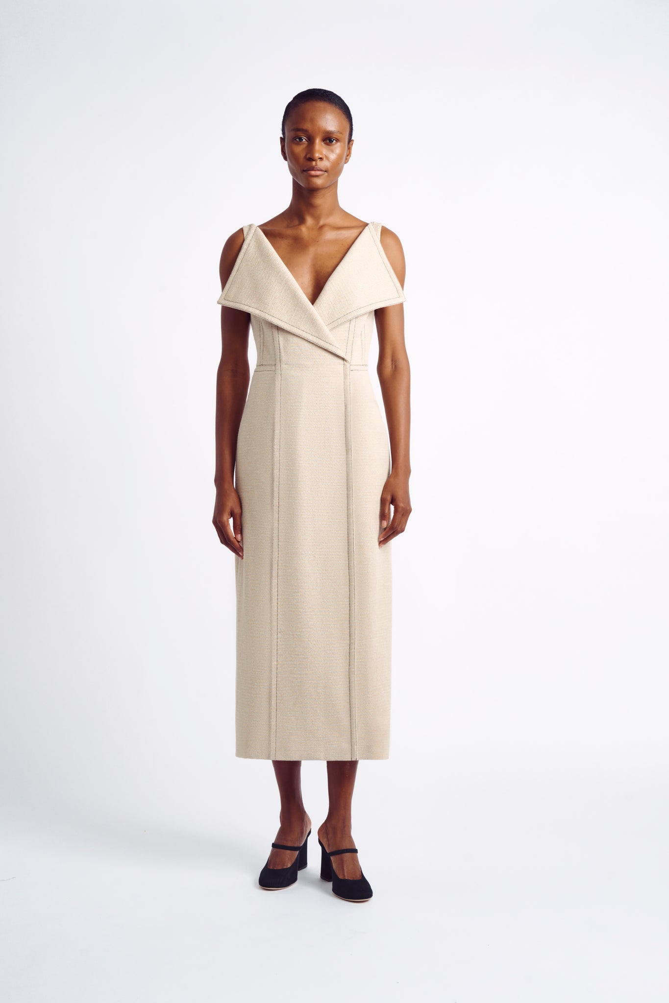 Athenais Dress | Stone Beige Denim Sleeveless Dress | Emilia Wickstead