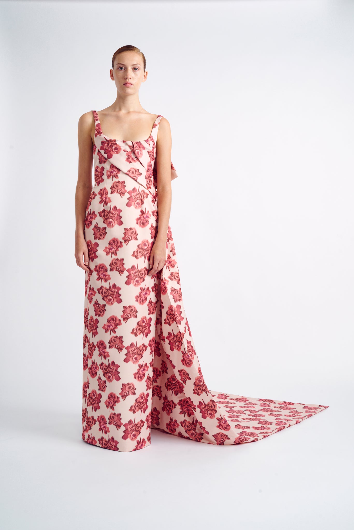 Asha Dress | Burgundy & Pink Floral Printed Gown WIth Train | Emilia Wickstead