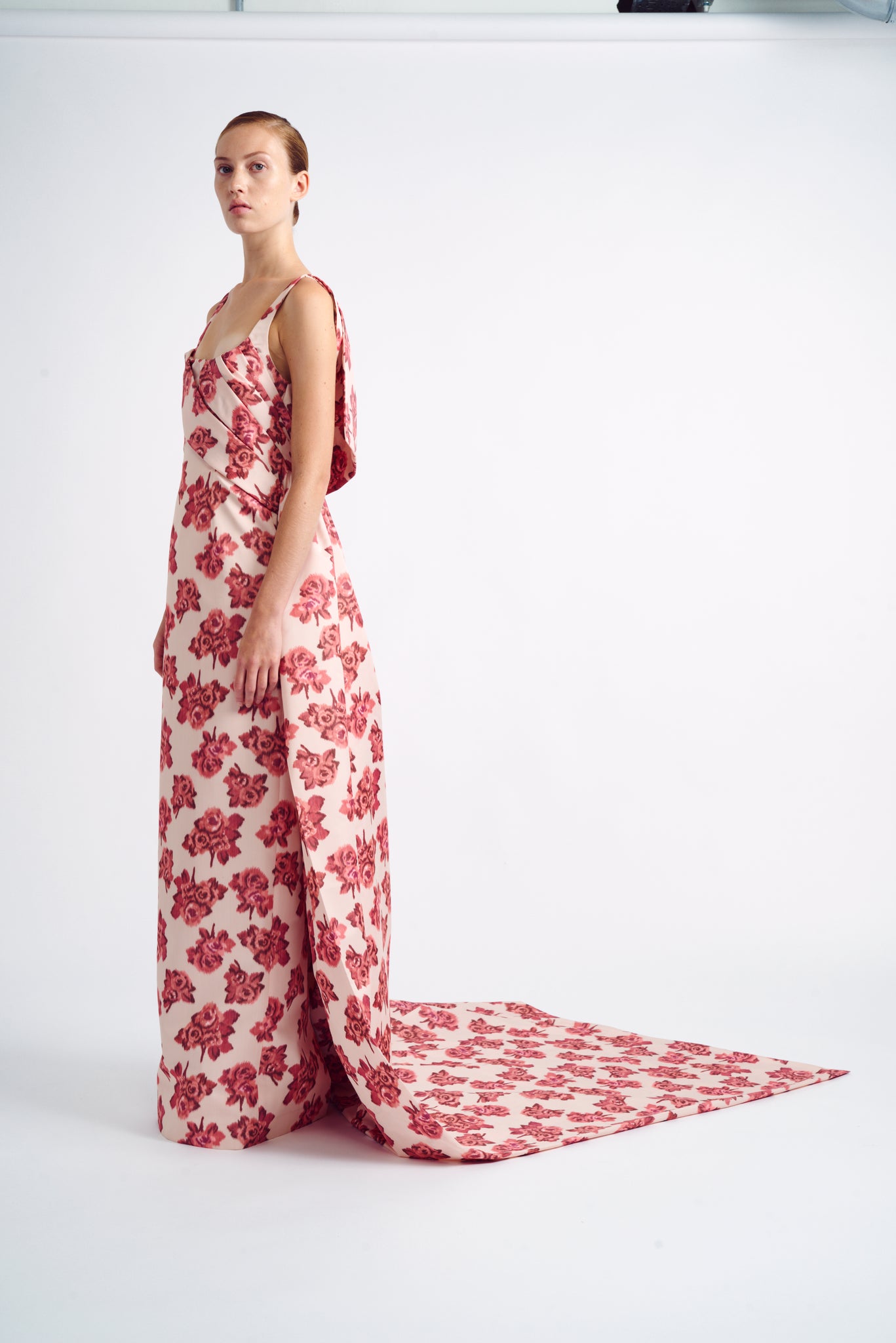 Asha Dress | Burgundy & Pink Floral Printed Gown WIth Train | Emilia Wickstead
