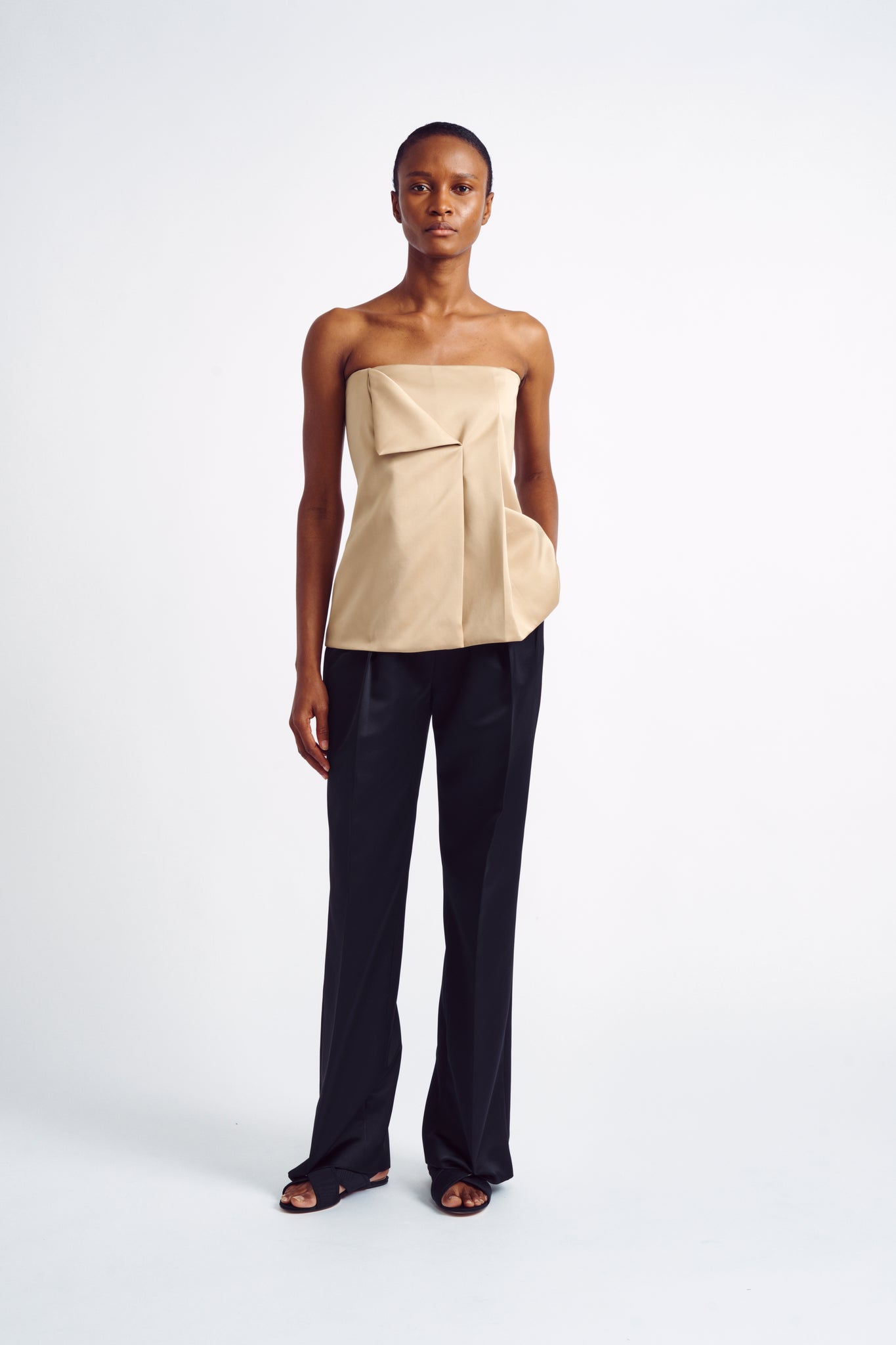 Tandy Top | Champagne Bonded Satin Strapless Top | Emilia Wickstead
