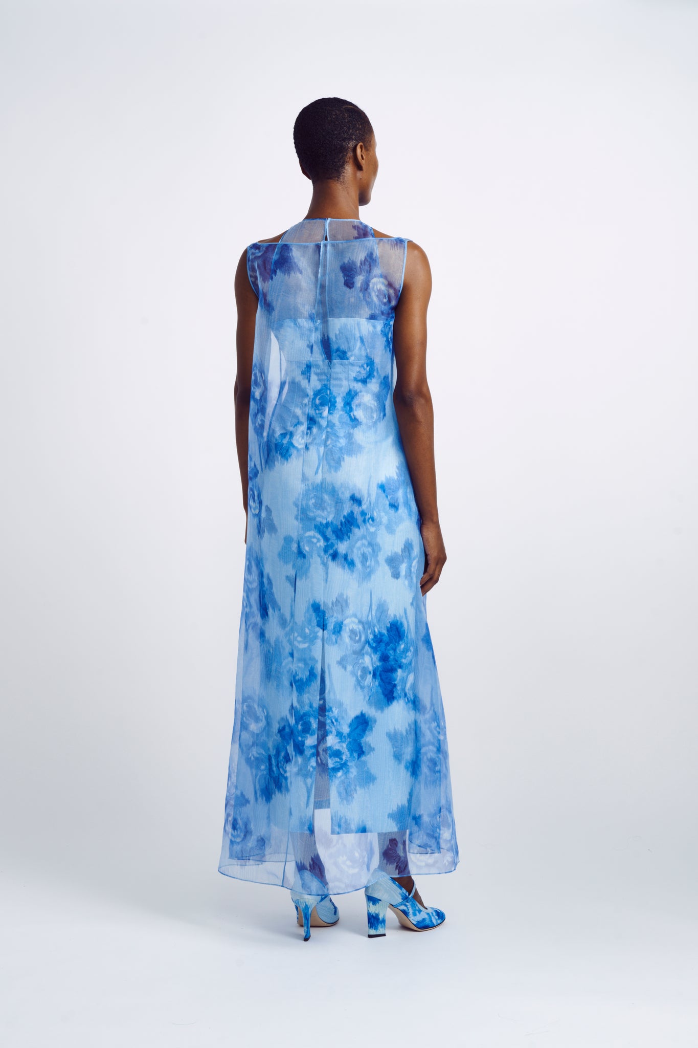 Selina Dress| Blue Floral Print Dress with Printed Chiffon Overlayer | Emilia Wickstead