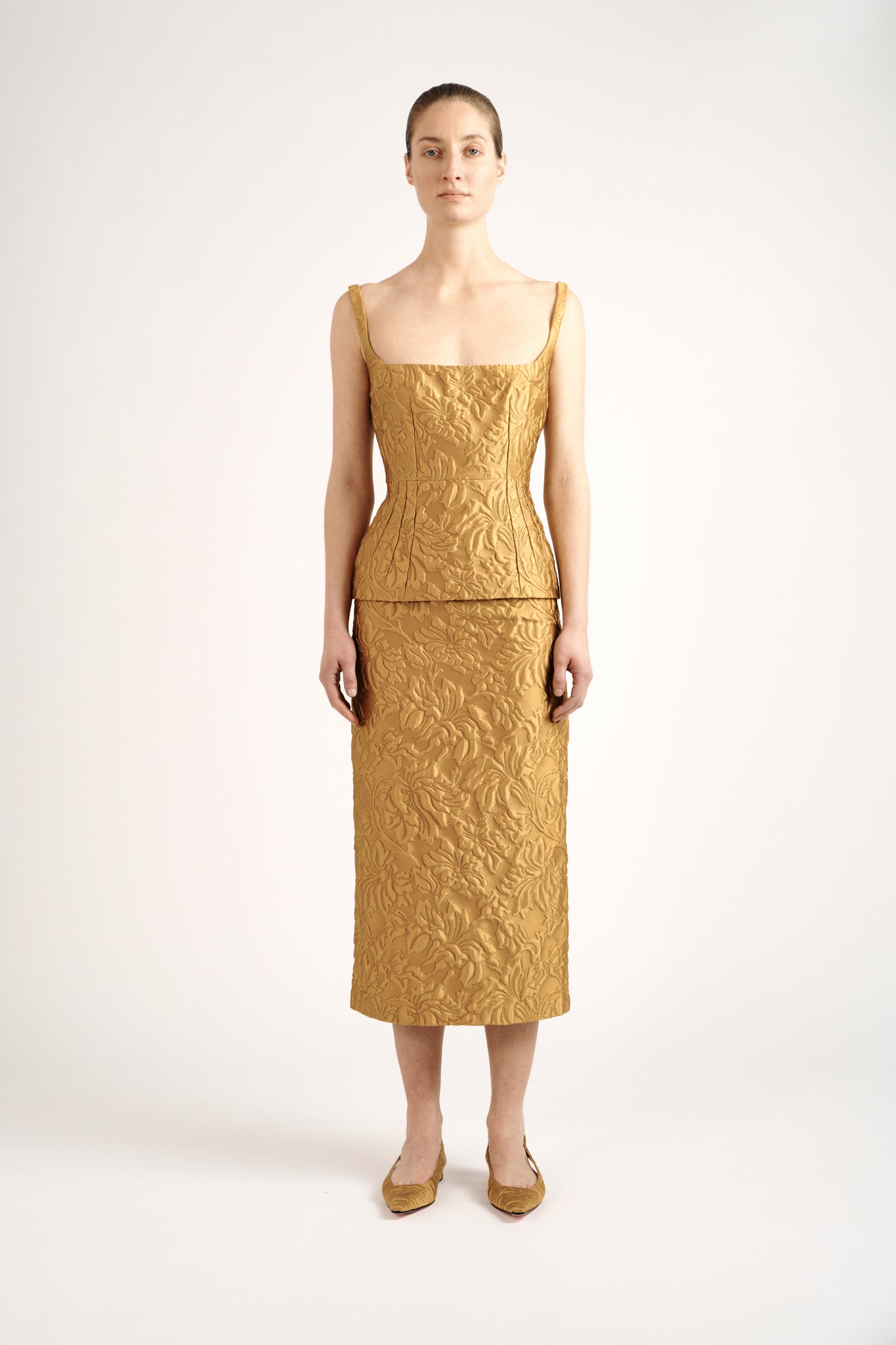 Lorelei Skirt| Antique Gold Deep Floral Cloque | Emilia Wickstead
