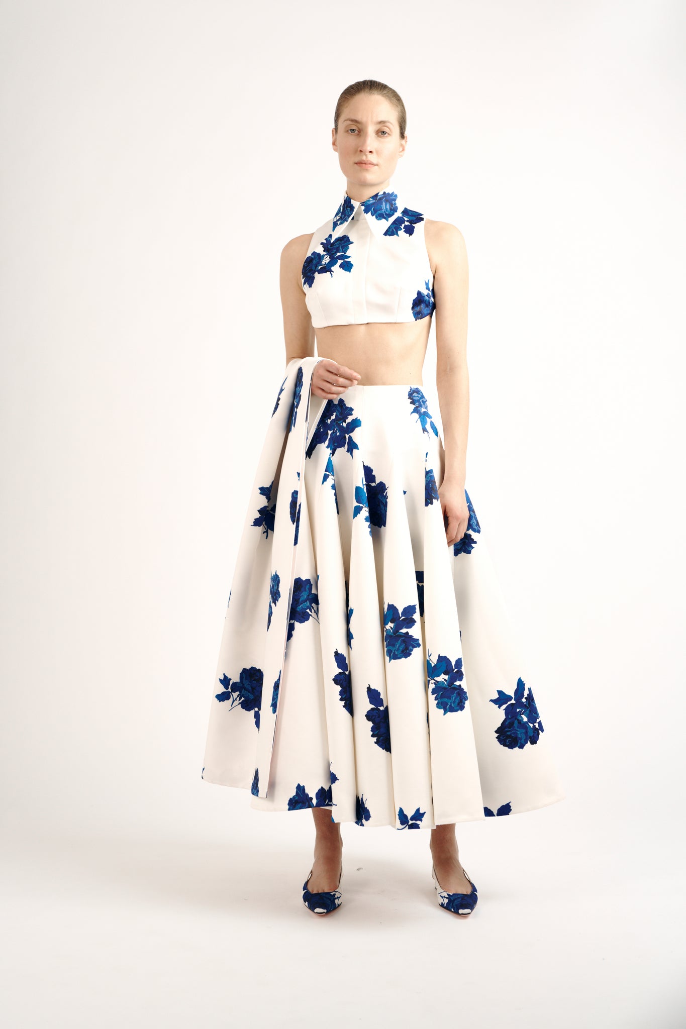 Vonda Skirt| Blue Roses Ivory Tafetta Faille | Emilia Wickstead