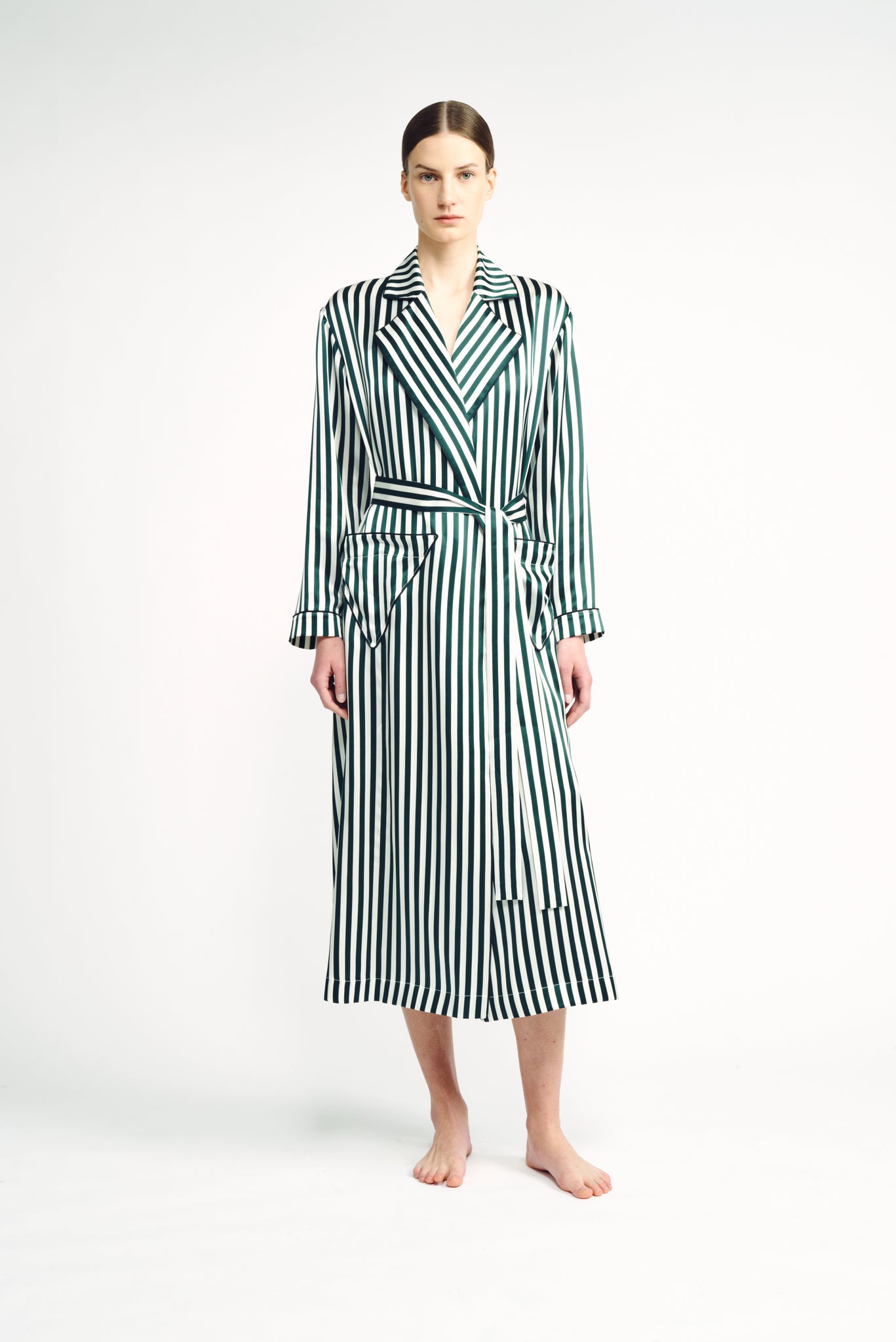 Amana Dressing Gown | Dark green candy stripe silk satin robe | Emilia Wickstead
