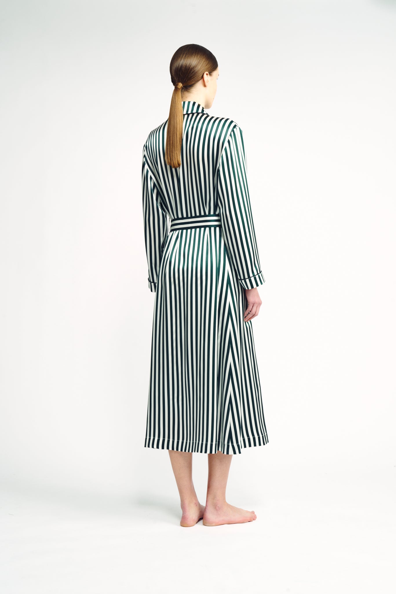 Amana Dressing Gown | Dark green candy stripe silk satin robe | Emilia Wickstead