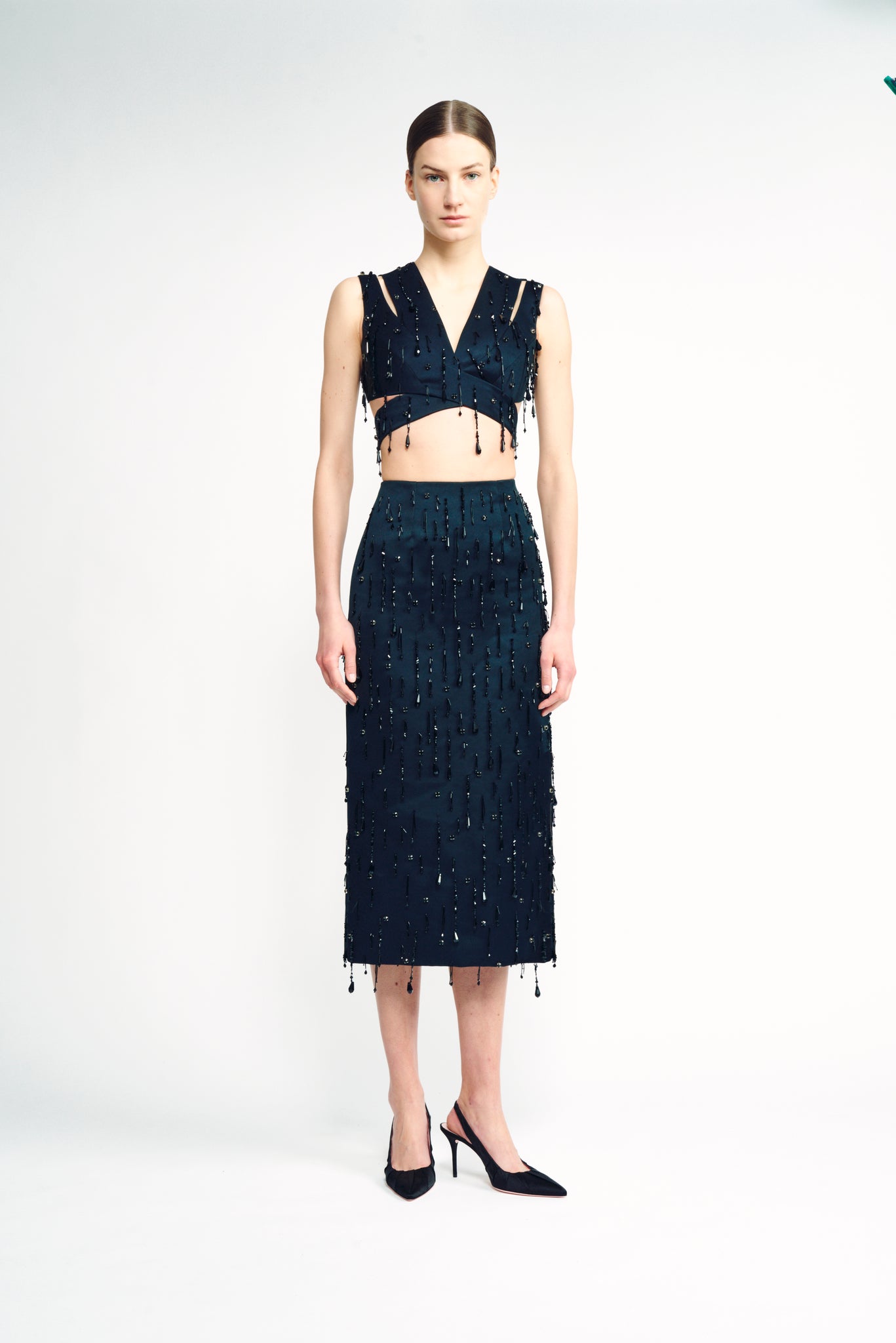 Genevieve Skirt | Black Droplet Embellished Duchess Satin Pencil Skirt | Emilia Wickstead