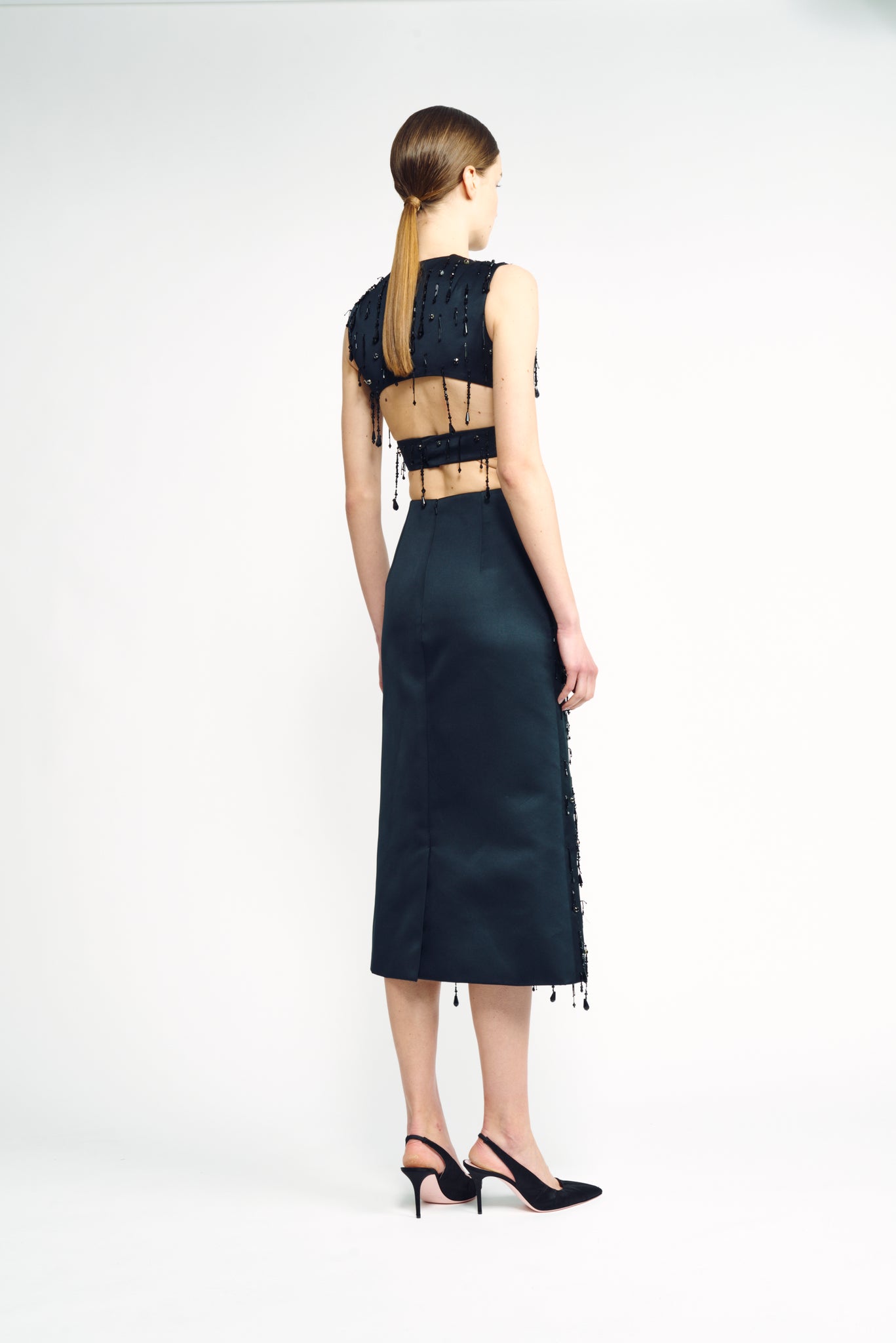 Genevieve Skirt | Black Droplet Embellished Duchess Satin Pencil Skirt | Emilia Wickstead