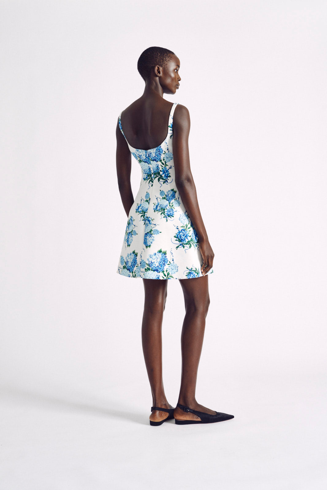 Theoni Dress | Blue Hydrangeas Floral Printed Mini Dress | Emilia Wickstead