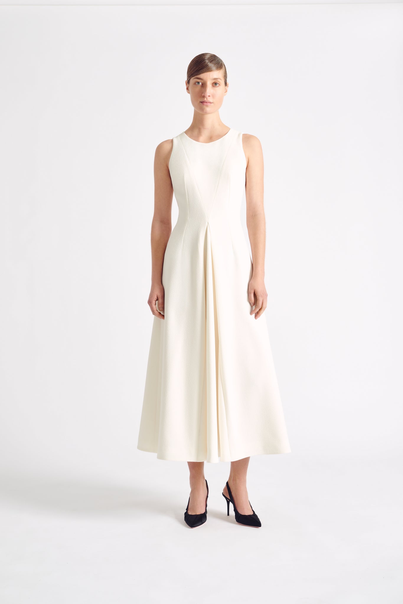 Milly Dress | Ivory Fit and Flare Midi Dress in Double Crepe | Emilia ...