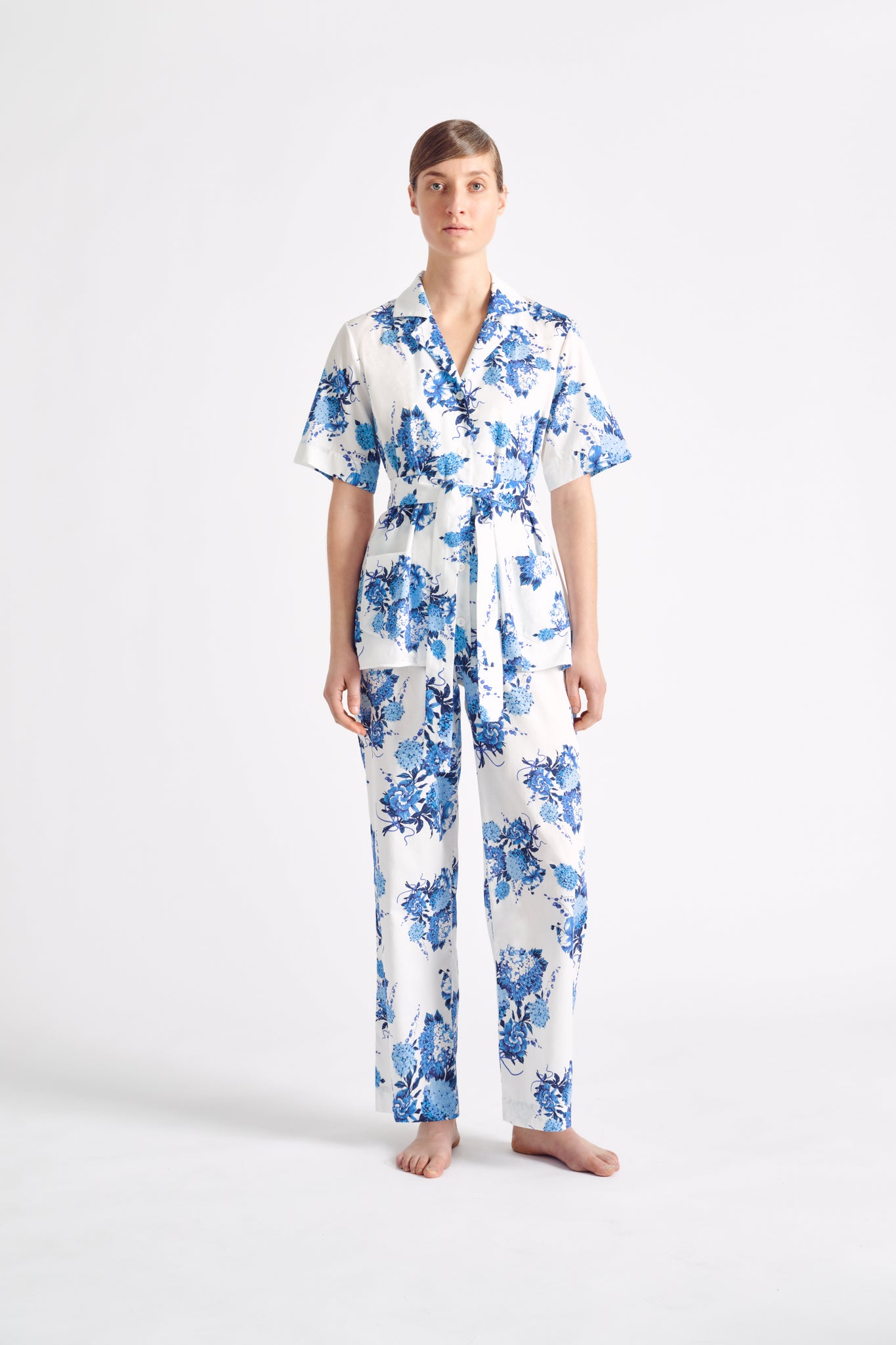 Fifi Pyjamas | Blue Hydrangea Floral Printed Silk-Cotton Pyjamas | Emilia Wickstead