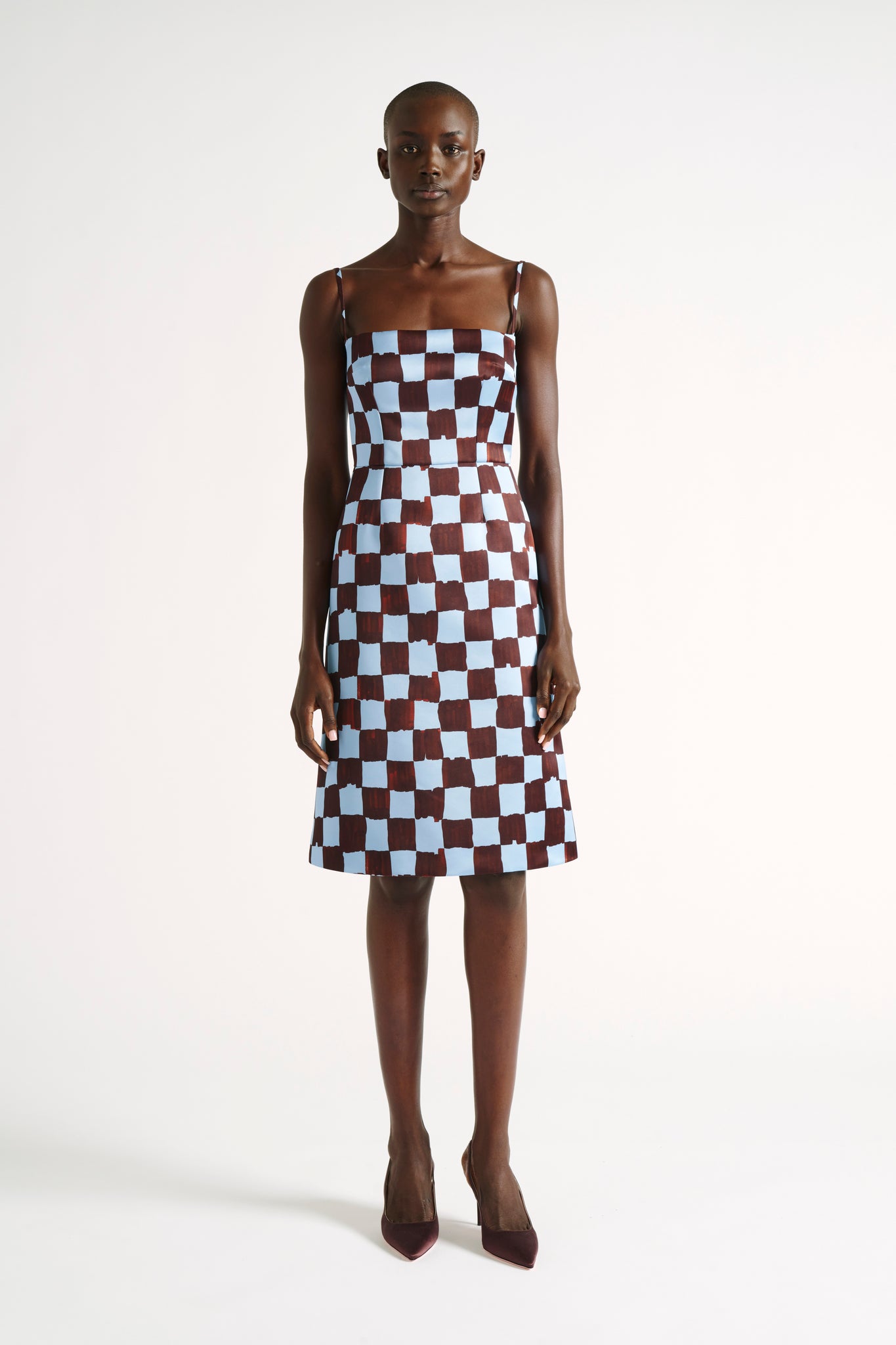 Farren Dress | Chocolate and Blue Painterly Checkerboard Square Print Dress | Emilia Wickstead