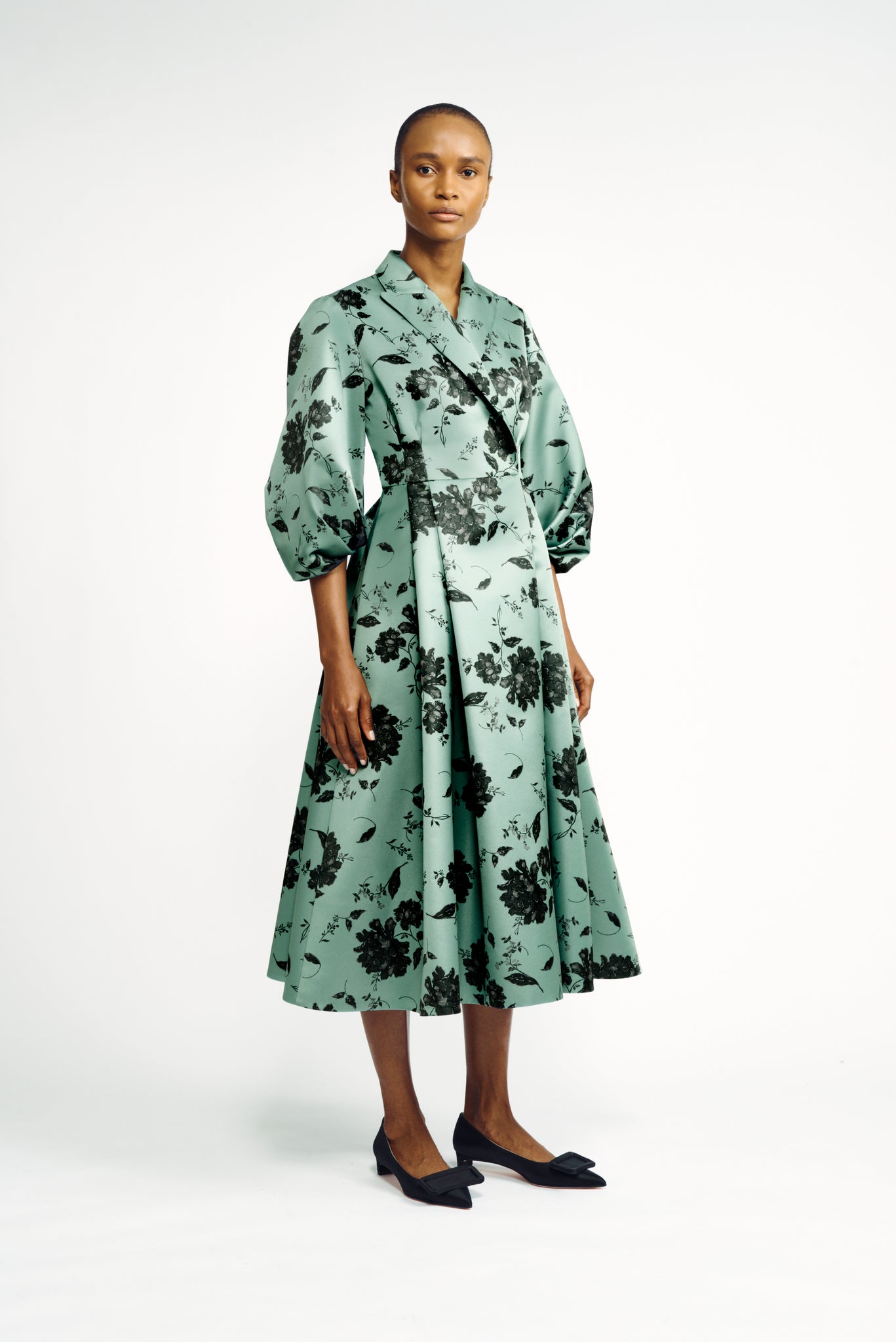 Goldie Dress | Pistachio & Black Floral Printed Coat Dress | Emilia Wickstead